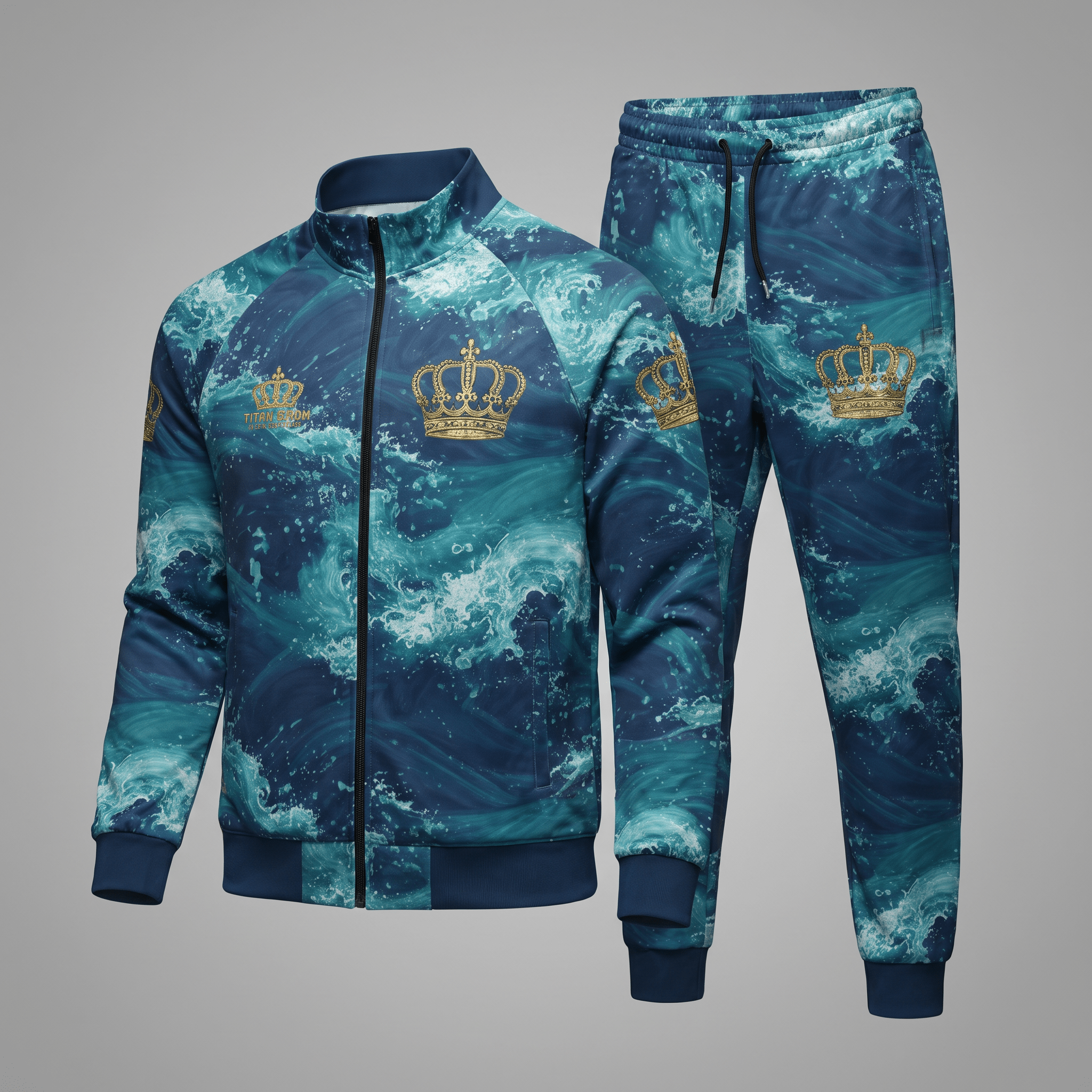 Blue ocean wave print tracksuit with gold crown graphics, featuring a zip-up jacket and matching joggers.