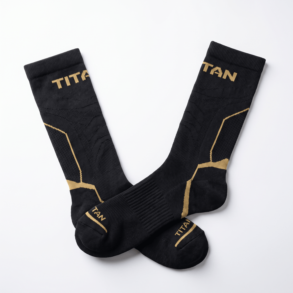 Black Titan athletic socks with gold branding and compression details on white background.