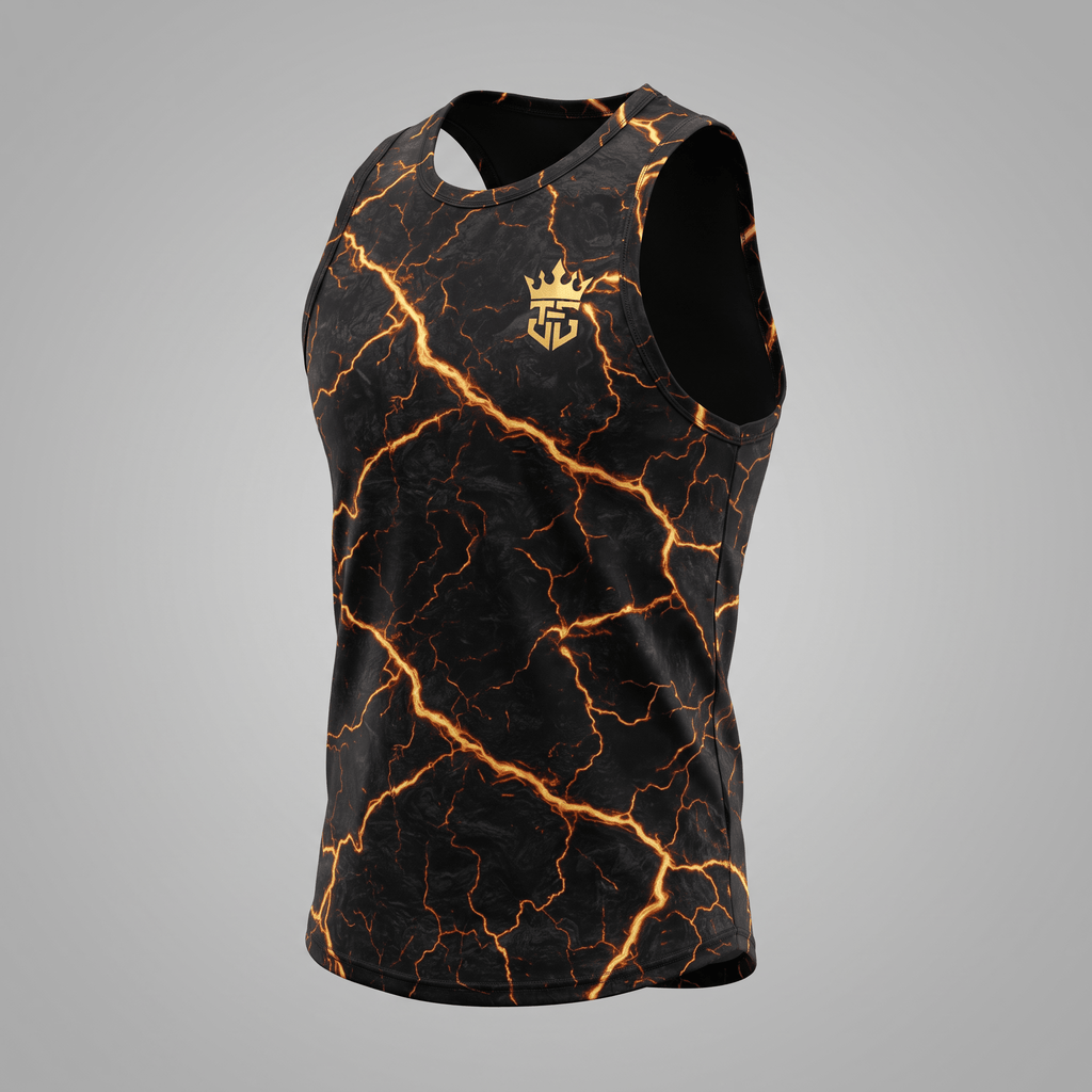Black and gold lightning print athletic tank top with a gold crown logo on the chest.