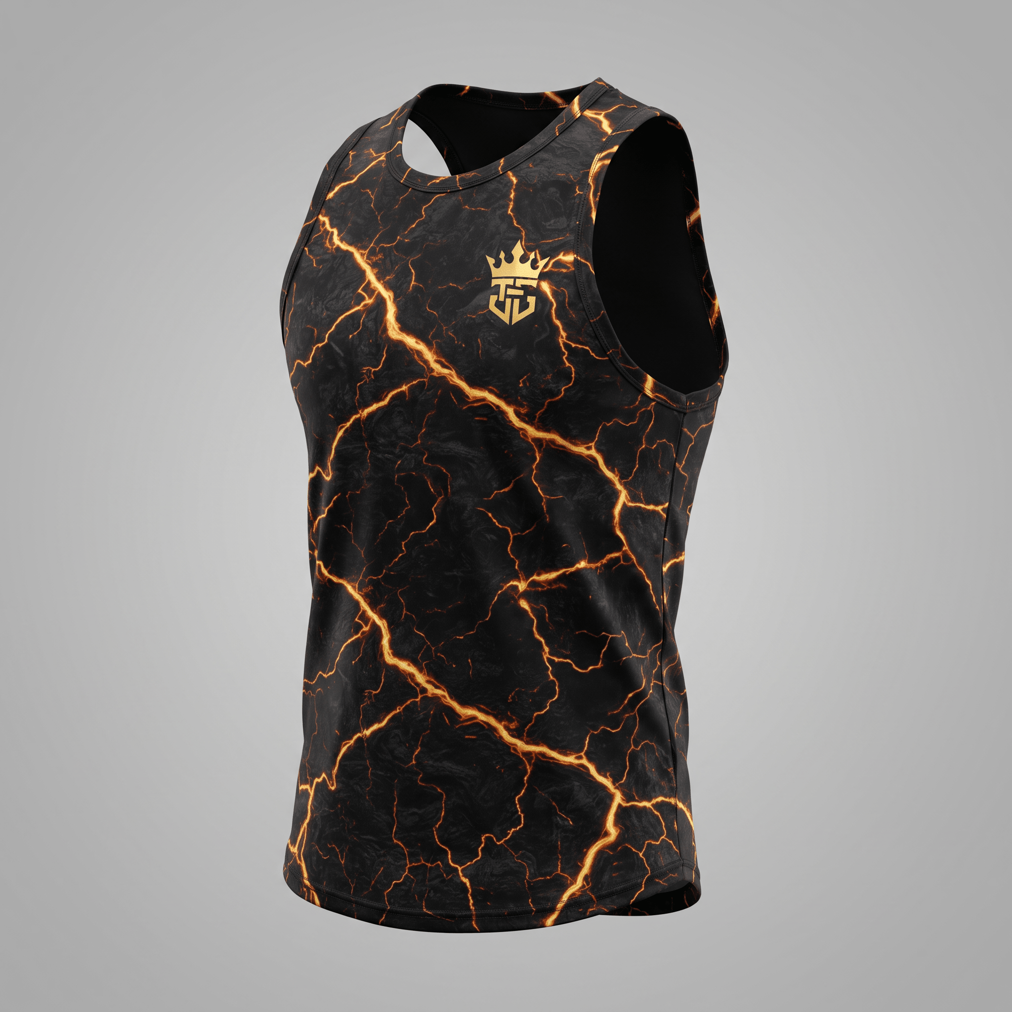 Black and gold lightning print athletic tank top with a gold crown logo on the chest.