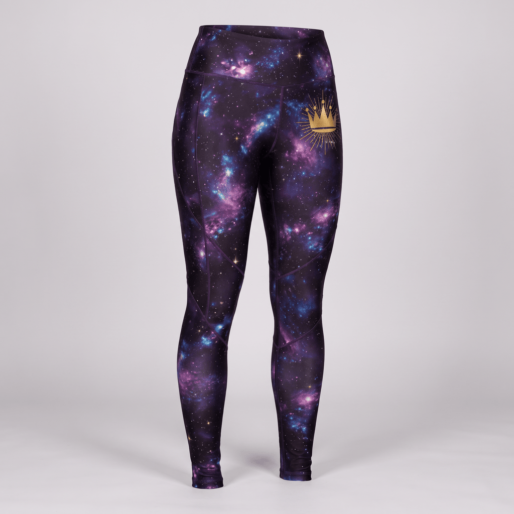 Purple galaxy print high-waisted active leggings with a gold crown logo on the left hip.
