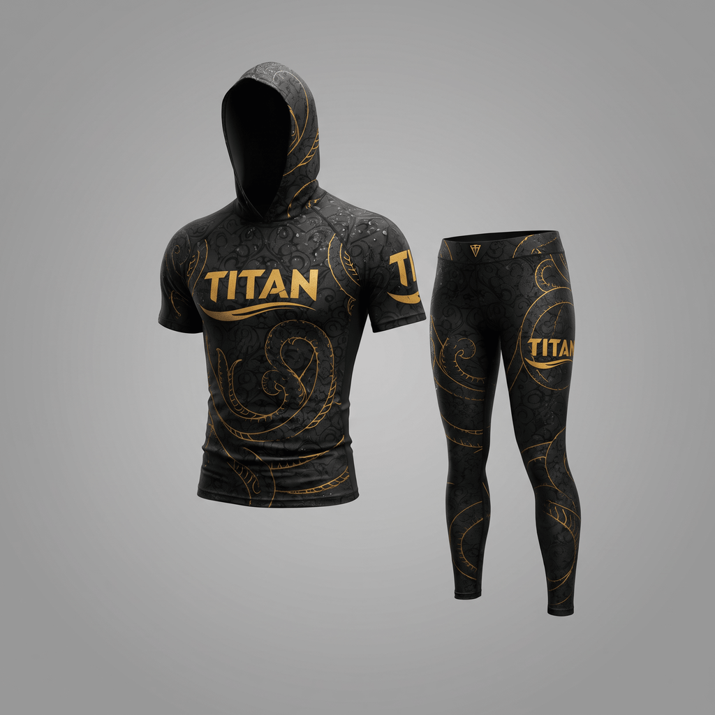 Black and gold Titan short sleeve rash guard hoodie and matching leggings athletic set.