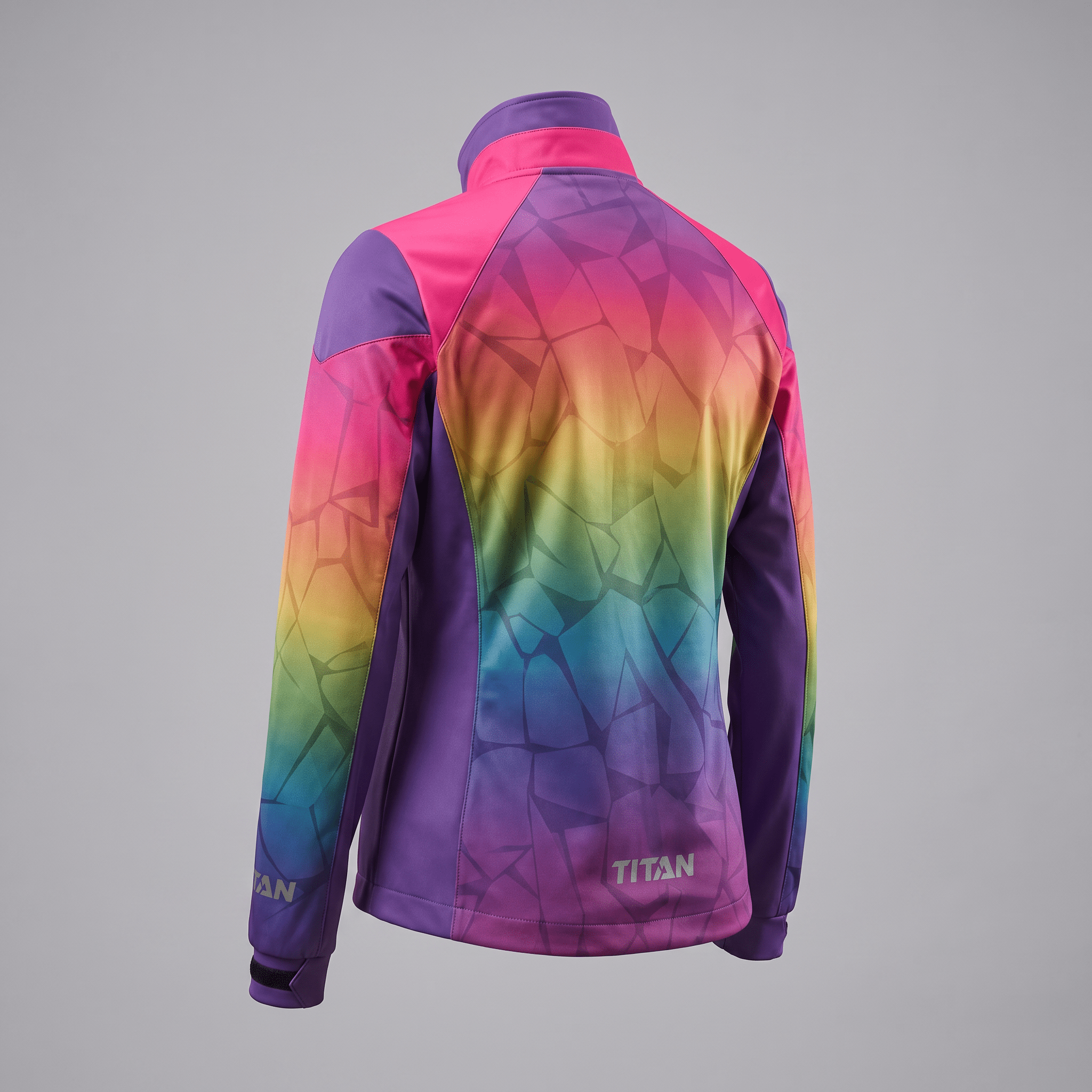 Back view of a vibrant Titan athletic jacket featuring a geometric rainbow gradient design with purple accents.