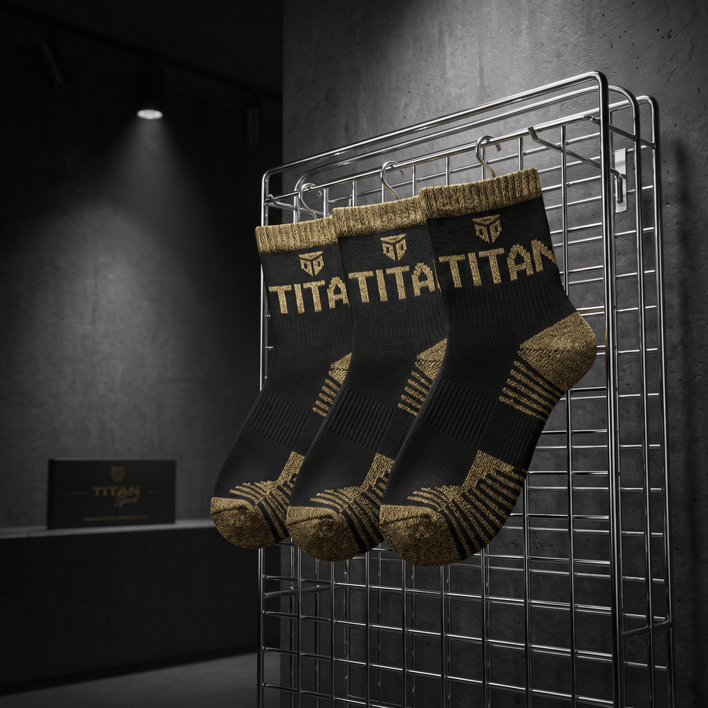 Three black athletic socks with gold "TITAN" branding and gold accents on heels and toes, hanging on a metal rack.