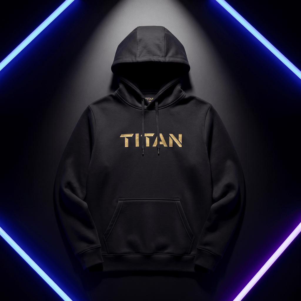 Black pullover hoodie featuring the gold metallic "TITAN" logo centered on the chest, framed by blue neon light strips.
