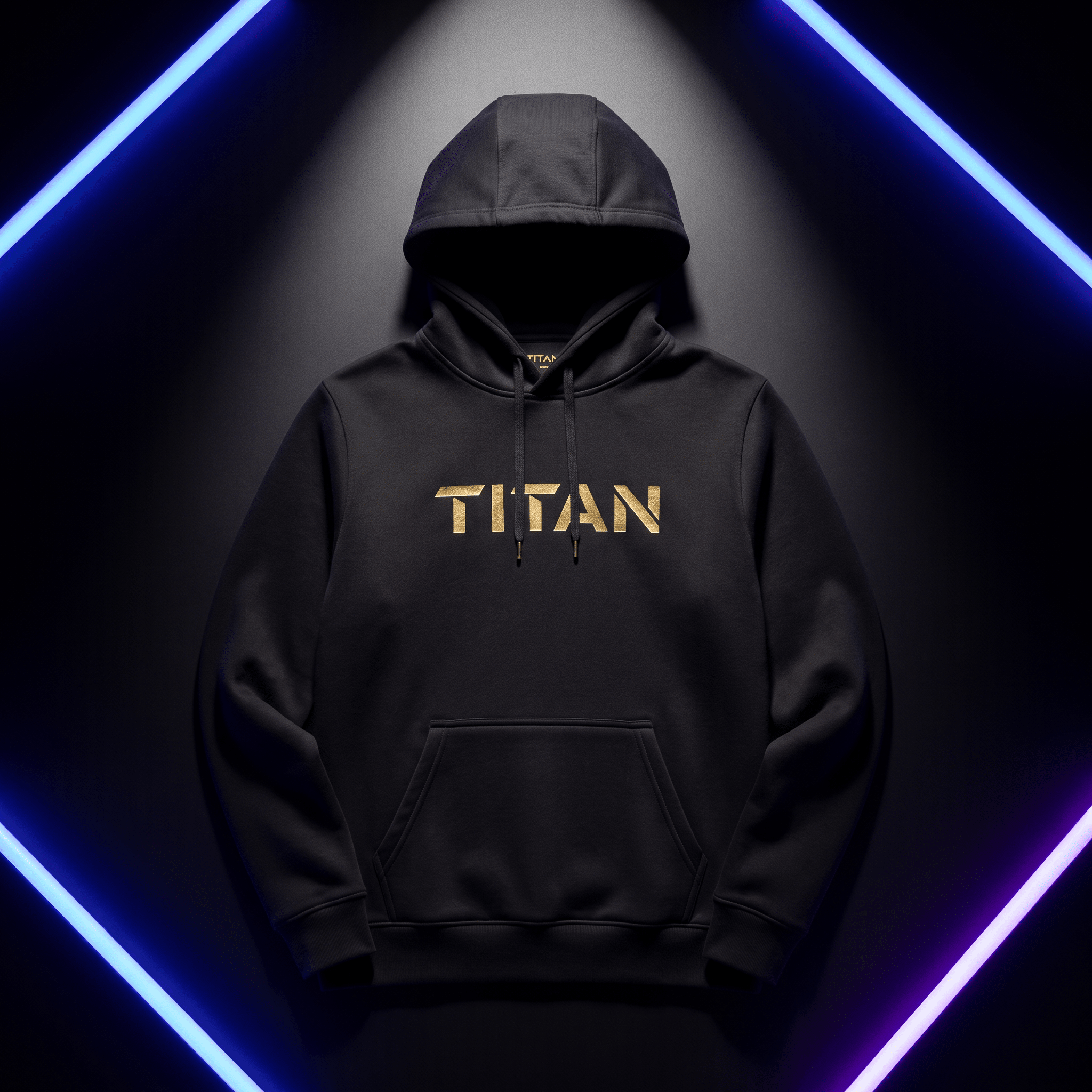 Black pullover hoodie featuring the gold metallic "TITAN" logo centered on the chest, framed by blue neon light strips.