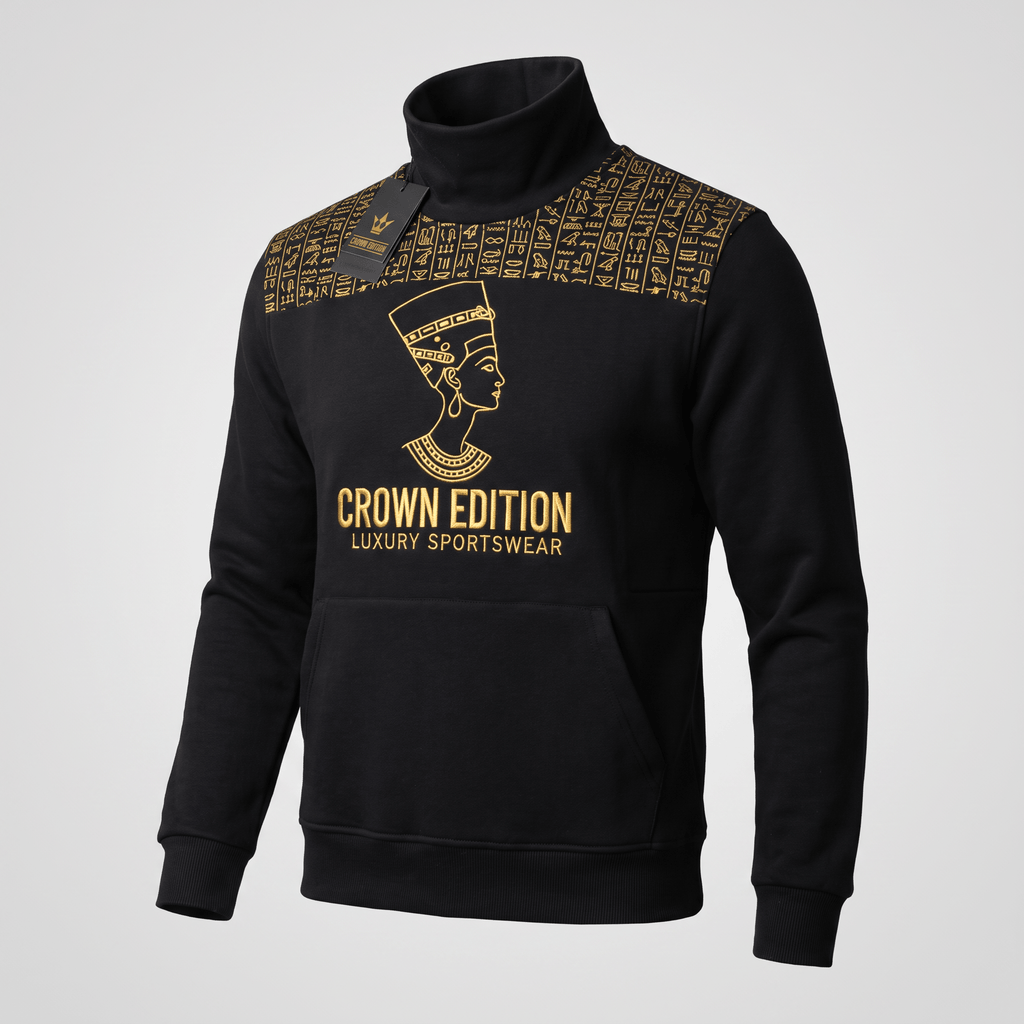 Black funnel neck sweatshirt with gold Egyptian hieroglyph print and Queen Nefertiti logo on chest.