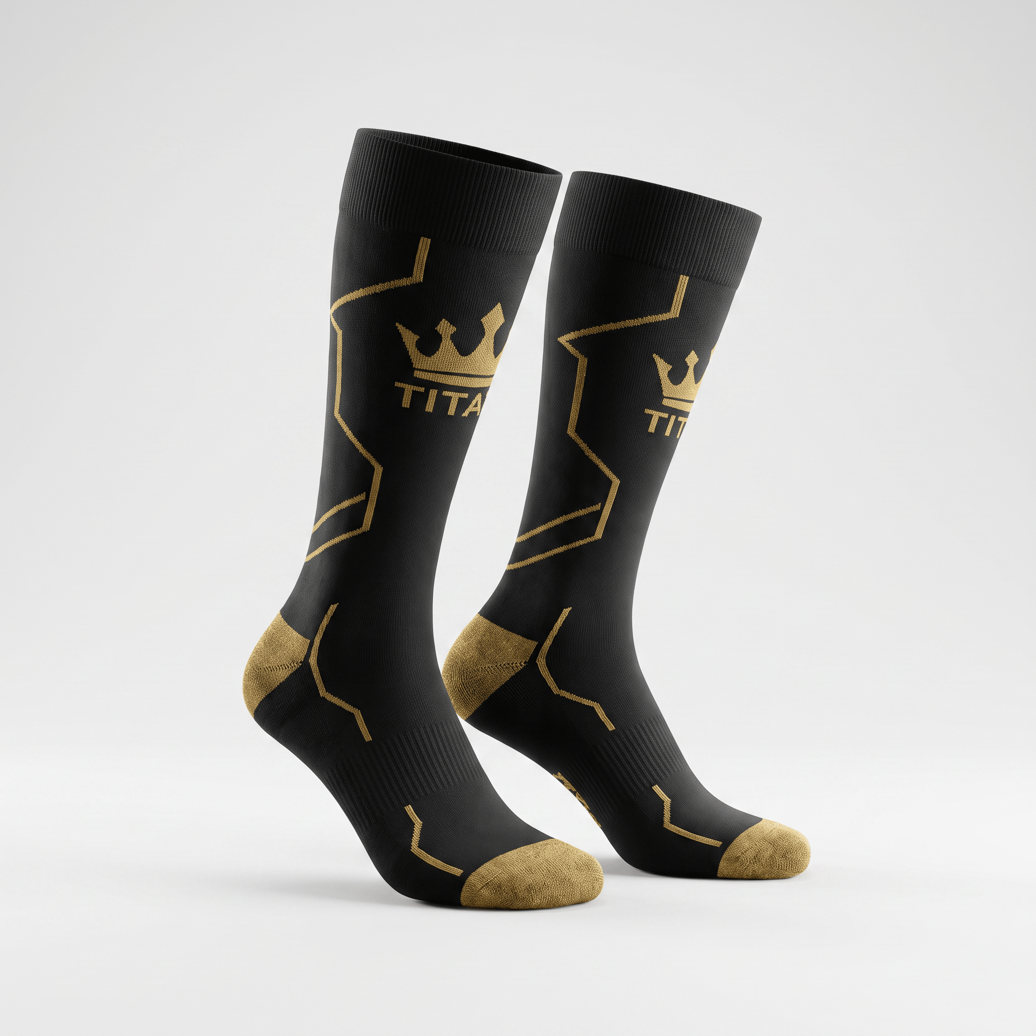 Black crew socks with gold athletic line patterns, crown logo, and TITA text on a white background.
