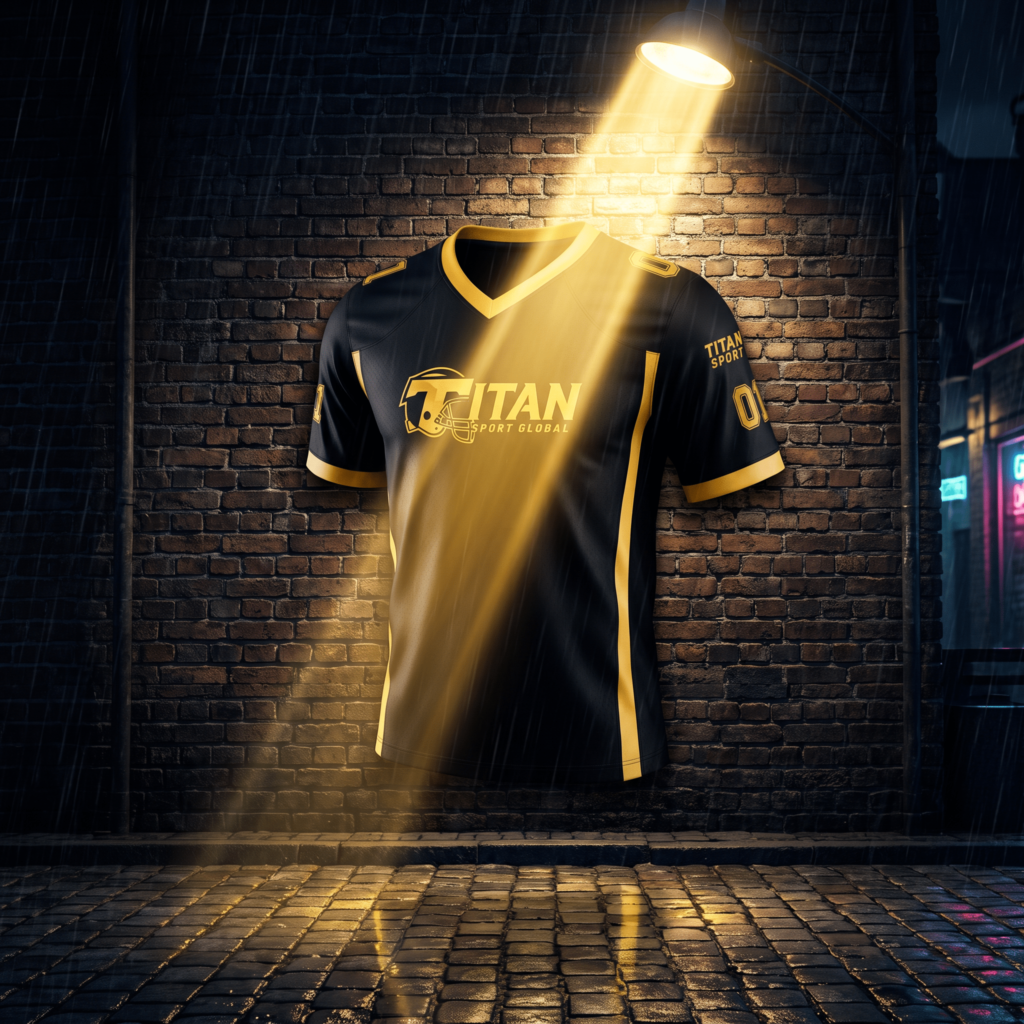 Black and gold Titan Sport Global V-neck football jersey, showcased under a spotlight against a brick wall.