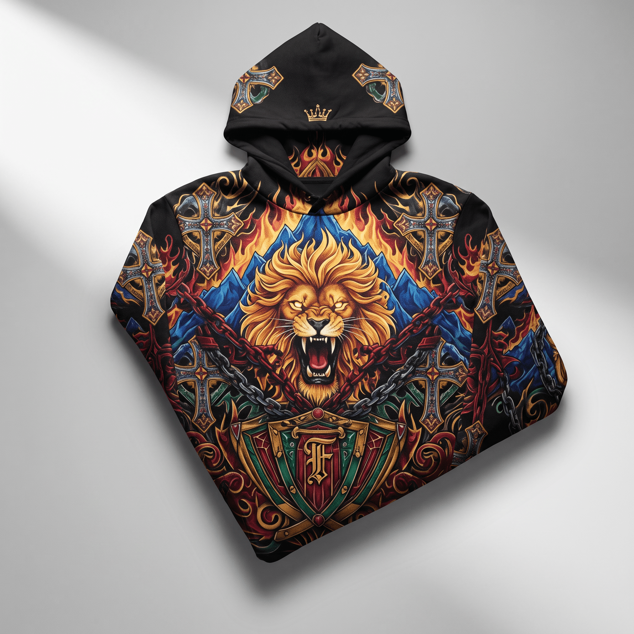 Black graphic hoodie featuring a roaring lion, flaming crosses, and a shield design.