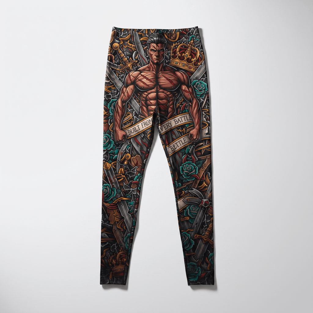 Black leggings featuring a warrior tattoo print with swords, crowns, and roses.