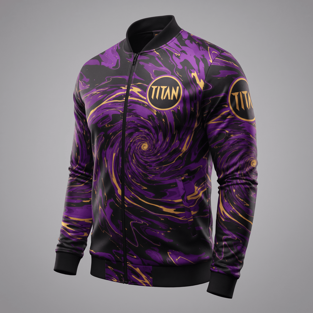 Purple and black bomber jacket with gold swirl pattern and Titan logo on chest and sleeve.