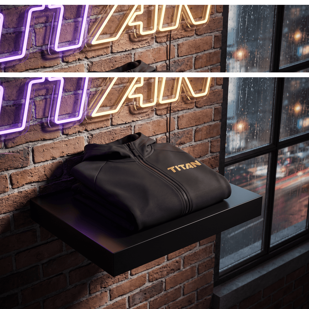 Black zip-up hoodie with gold "TITAN" logo folded on a shelf against a brick wall with neon signage.