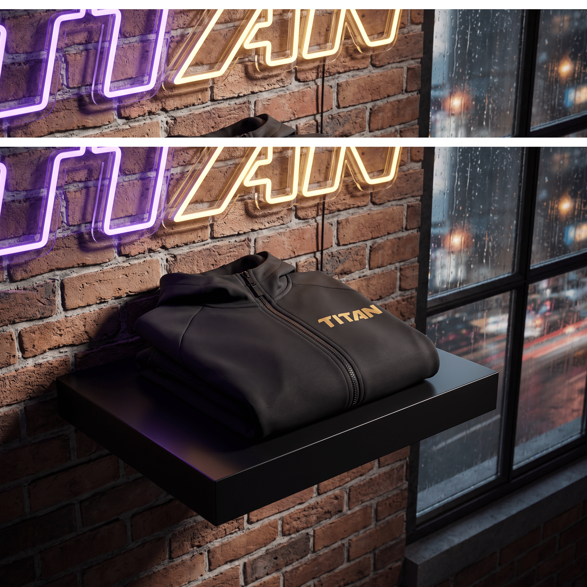Black zip-up hoodie with gold "TITAN" logo folded on a shelf against a brick wall with neon signage.
