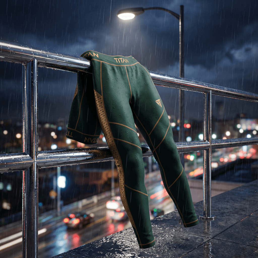 Dark green Titan compression leggings with gold geometric accents draped over a rain-slicked metal railing at night.