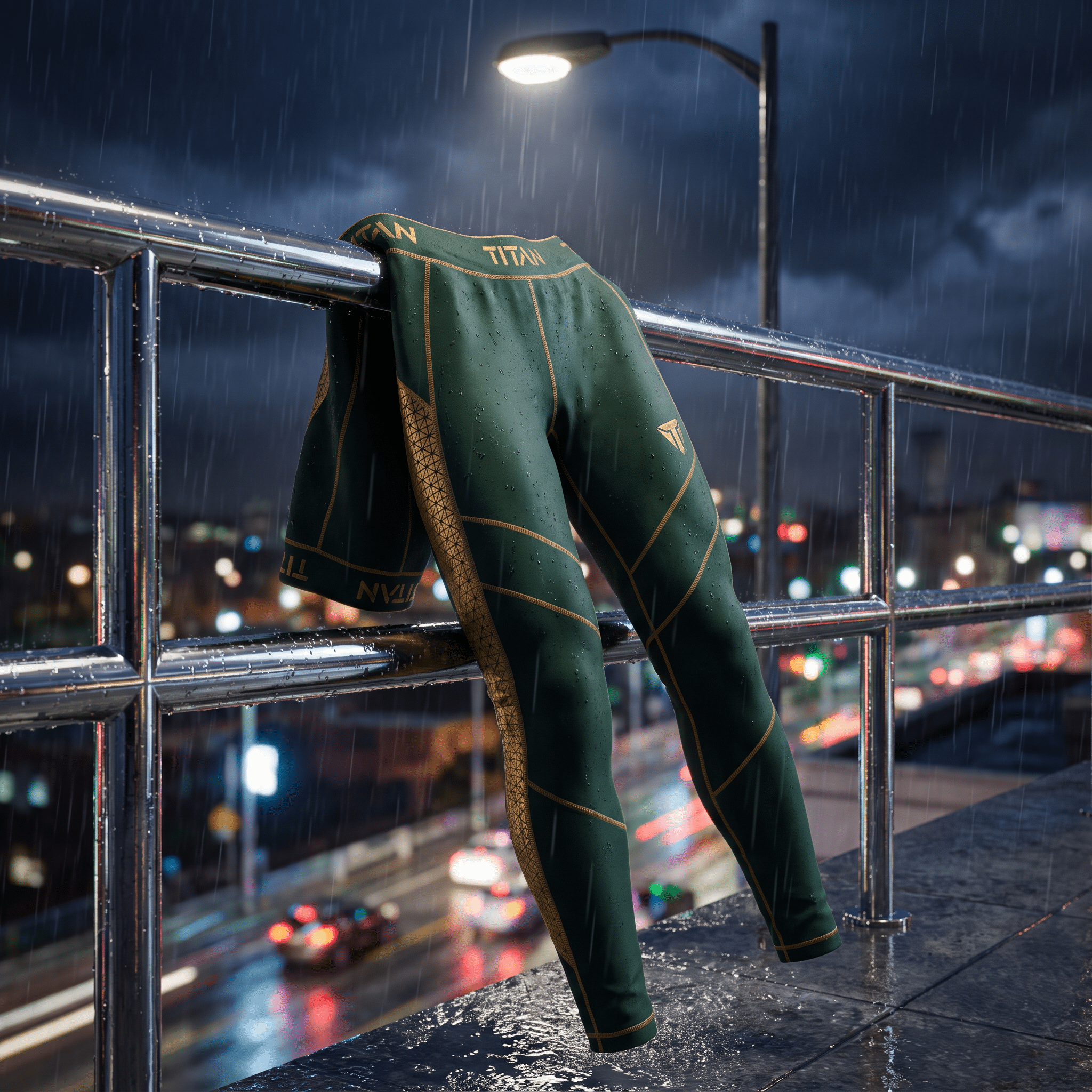 Dark green Titan compression leggings with gold geometric accents draped over a rain-slicked metal railing at night.