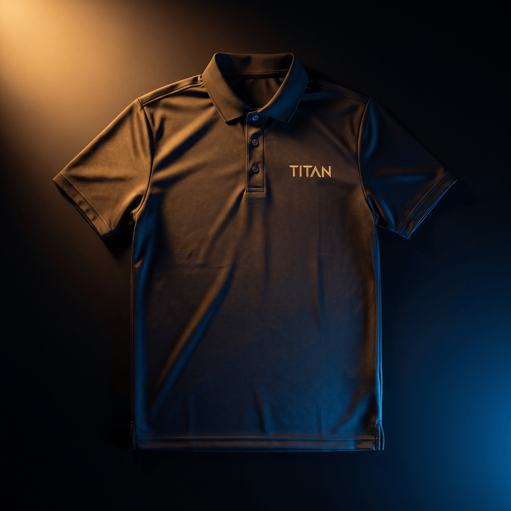 Black short-sleeved polo shirt with a buttoned collar and bronze "TITAN" logo, lit by warm and cool ambient light.