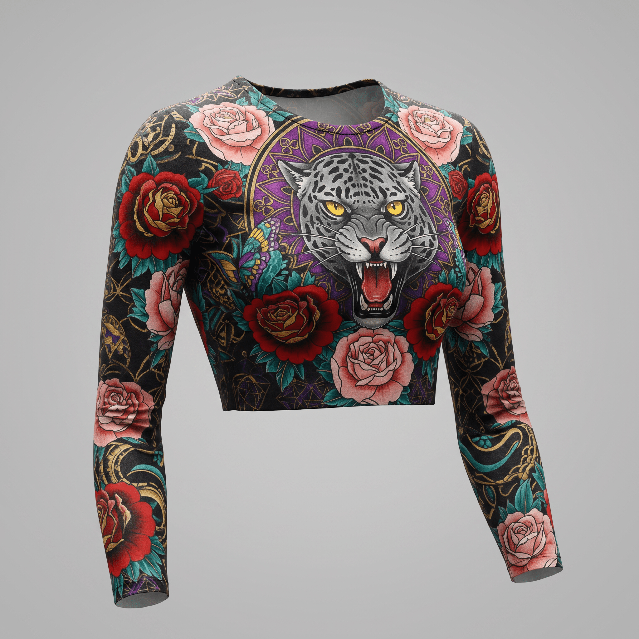Long-sleeve crop top with a colorful tattoo print featuring a snarling leopard and red roses on black.