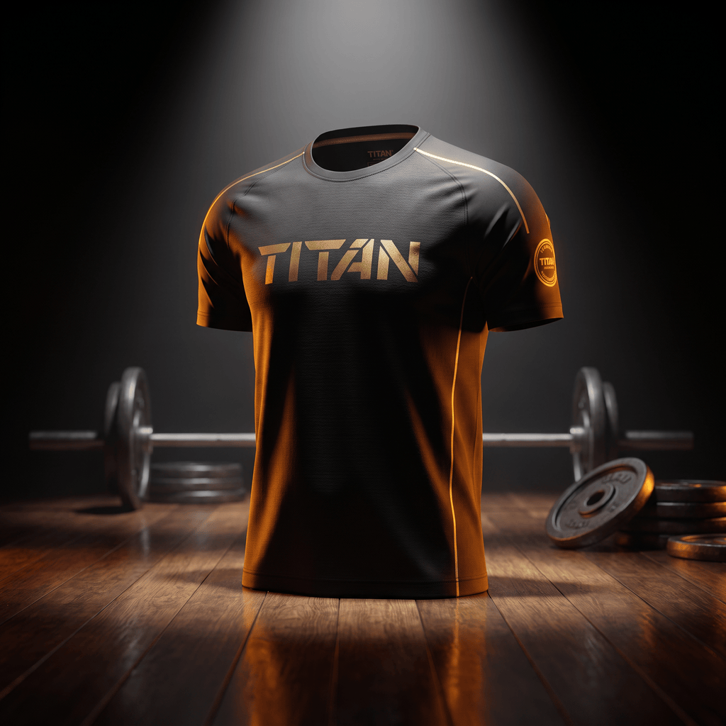 Black short-sleeve athletic shirt with gold "TITAN" logo and trim, displayed in a gym with a barbell on a wood floor.