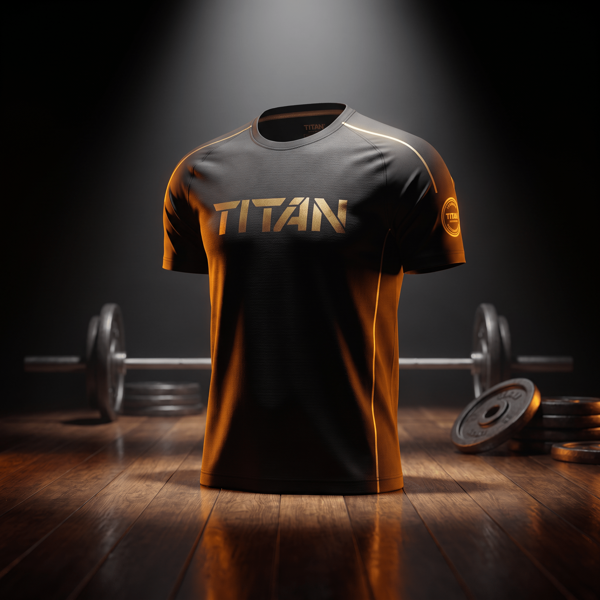 Black short-sleeve athletic shirt with gold "TITAN" logo and trim, displayed in a gym with a barbell on a wood floor.