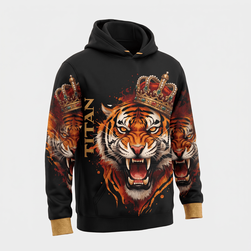 Black hoodie with a fierce roaring tiger graphic wearing a crown and the text Titan on the front.