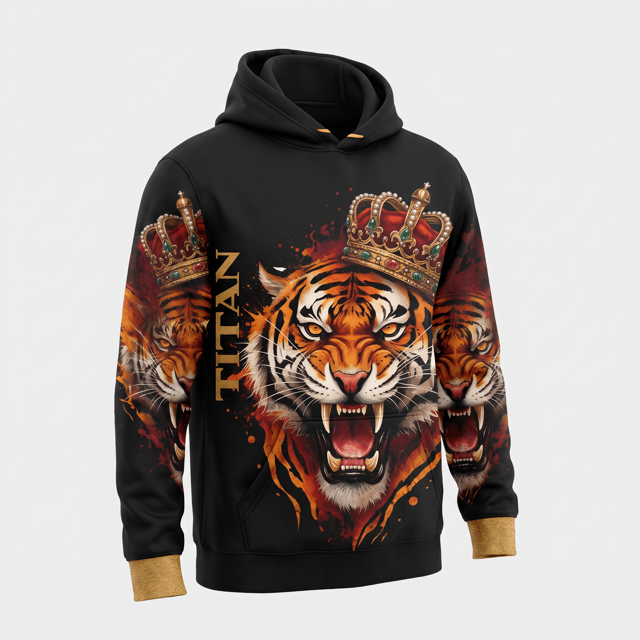 Black hoodie with graphic print of a roaring tiger wearing a crown, gold cuffs, and the word Titan.