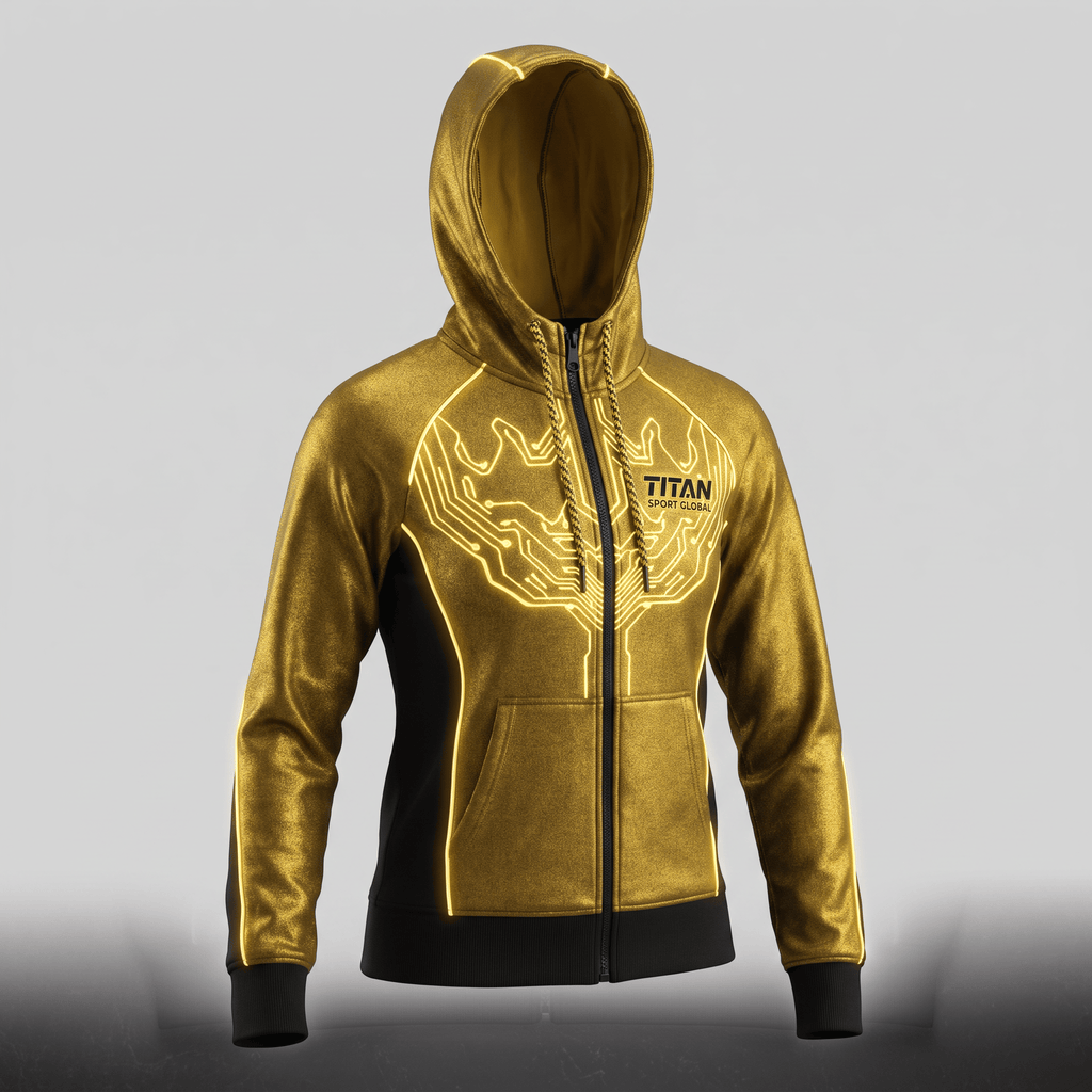 Gold and black zip-up hoodie featuring glowing circuit board graphic and Titan Sport Global logo.