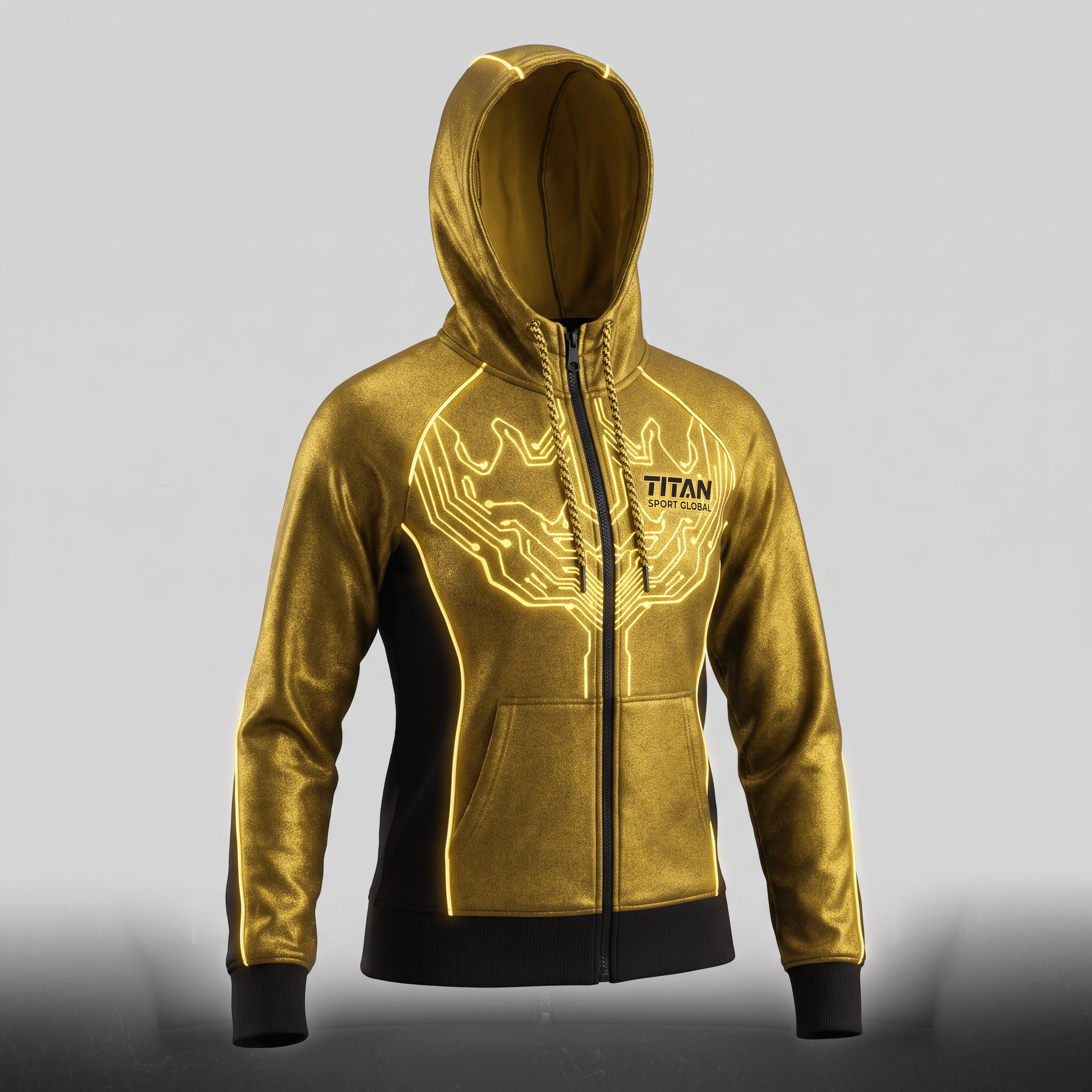 Gold and black zip-up hoodie featuring glowing circuit board graphic and Titan Sport Global logo.