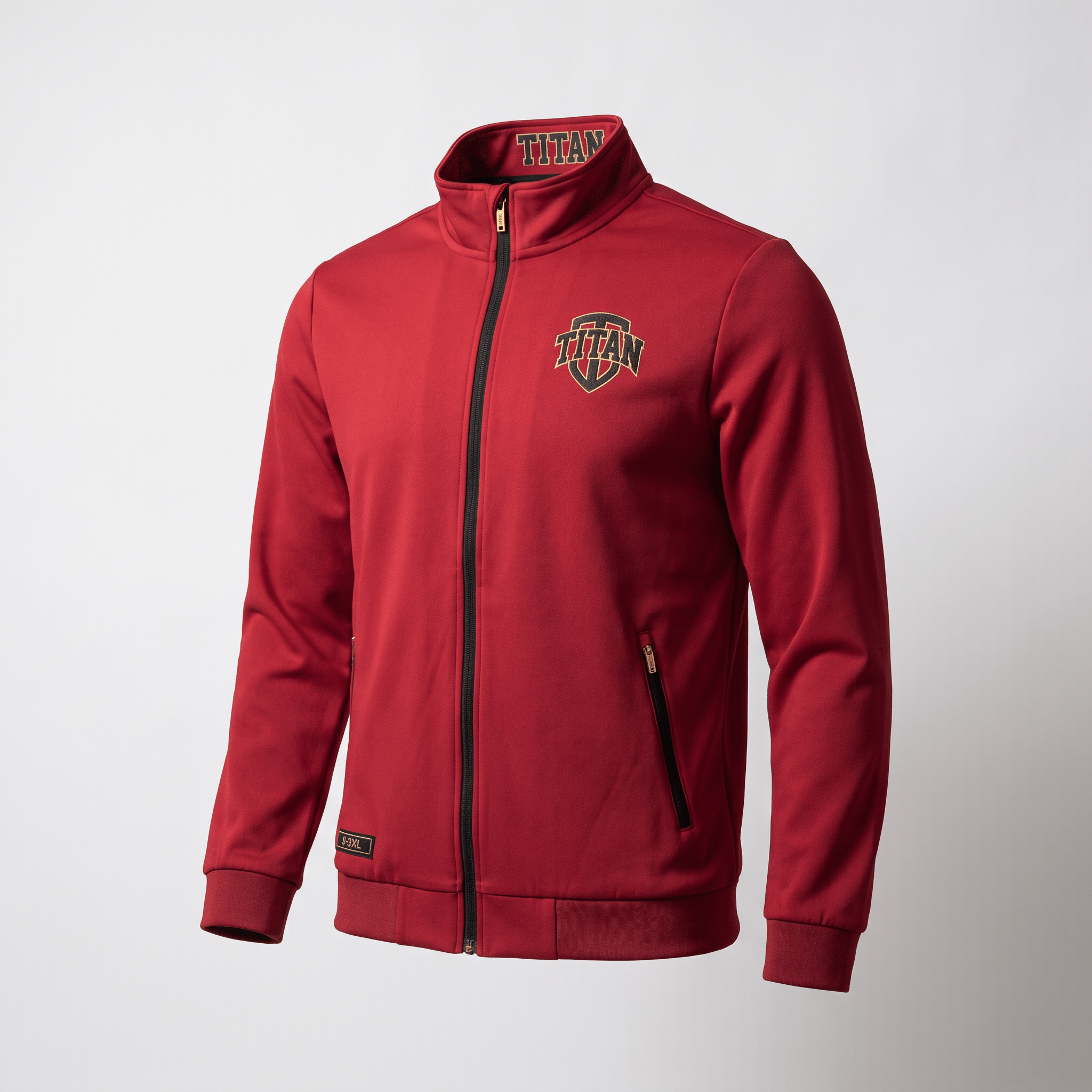 Red athletic zip-up jacket with black zipper, stand-up collar, and Titan logo on the chest.