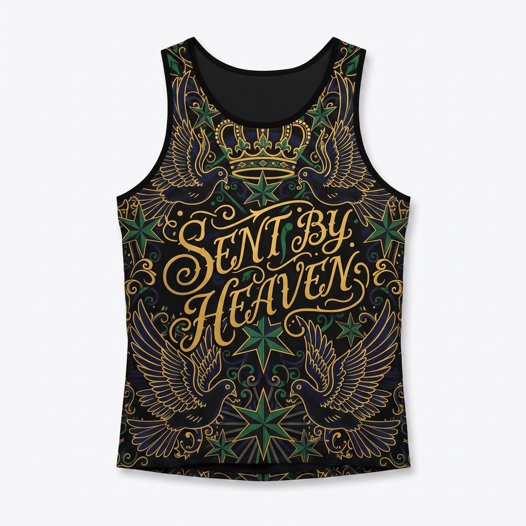 Black tank top with gold, green, and blue tattoo-style graphic featuring doves, stars, crown, and text.