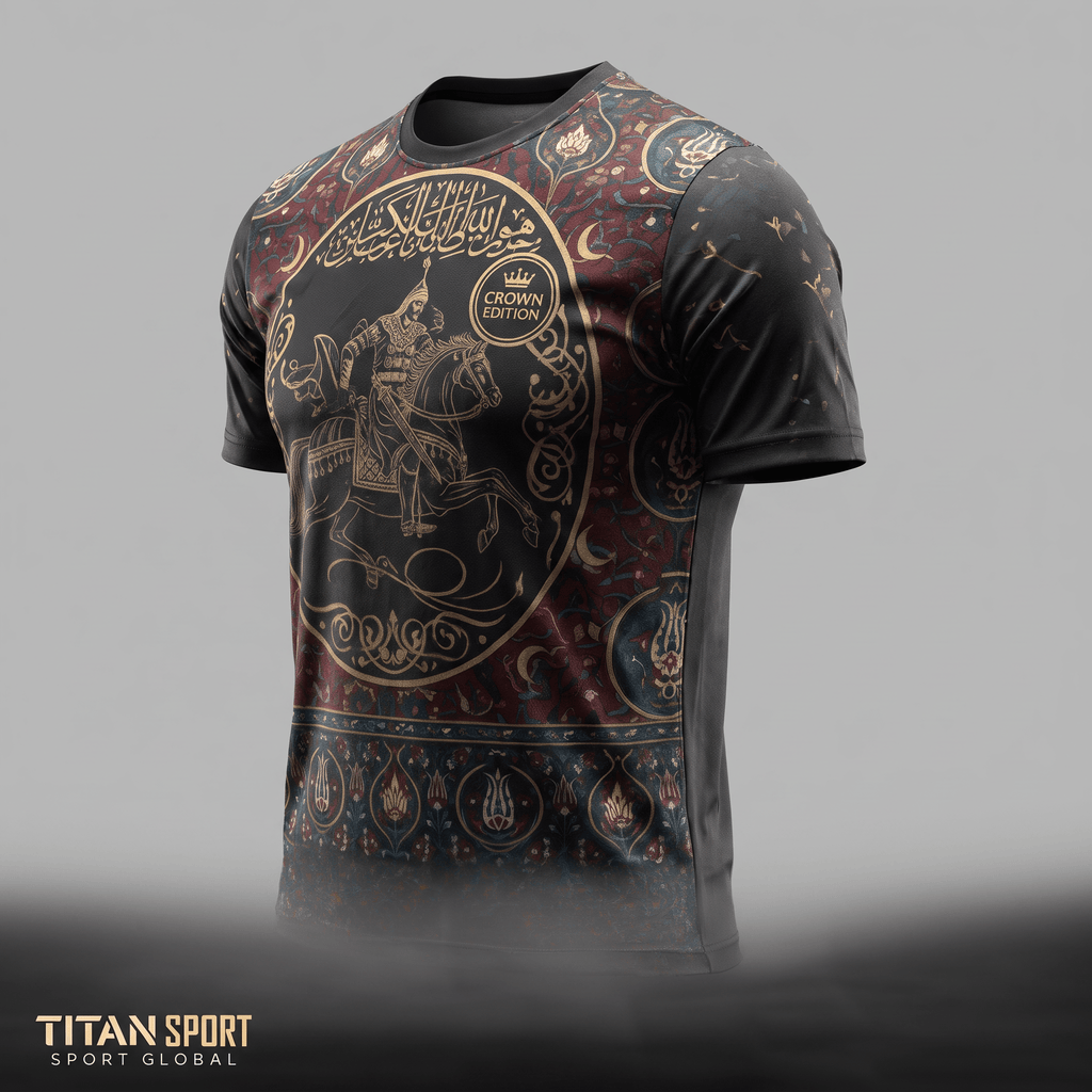 Black crewneck t-shirt with ornate red and gold Ottoman-style horseman graphic and crown edition seal.