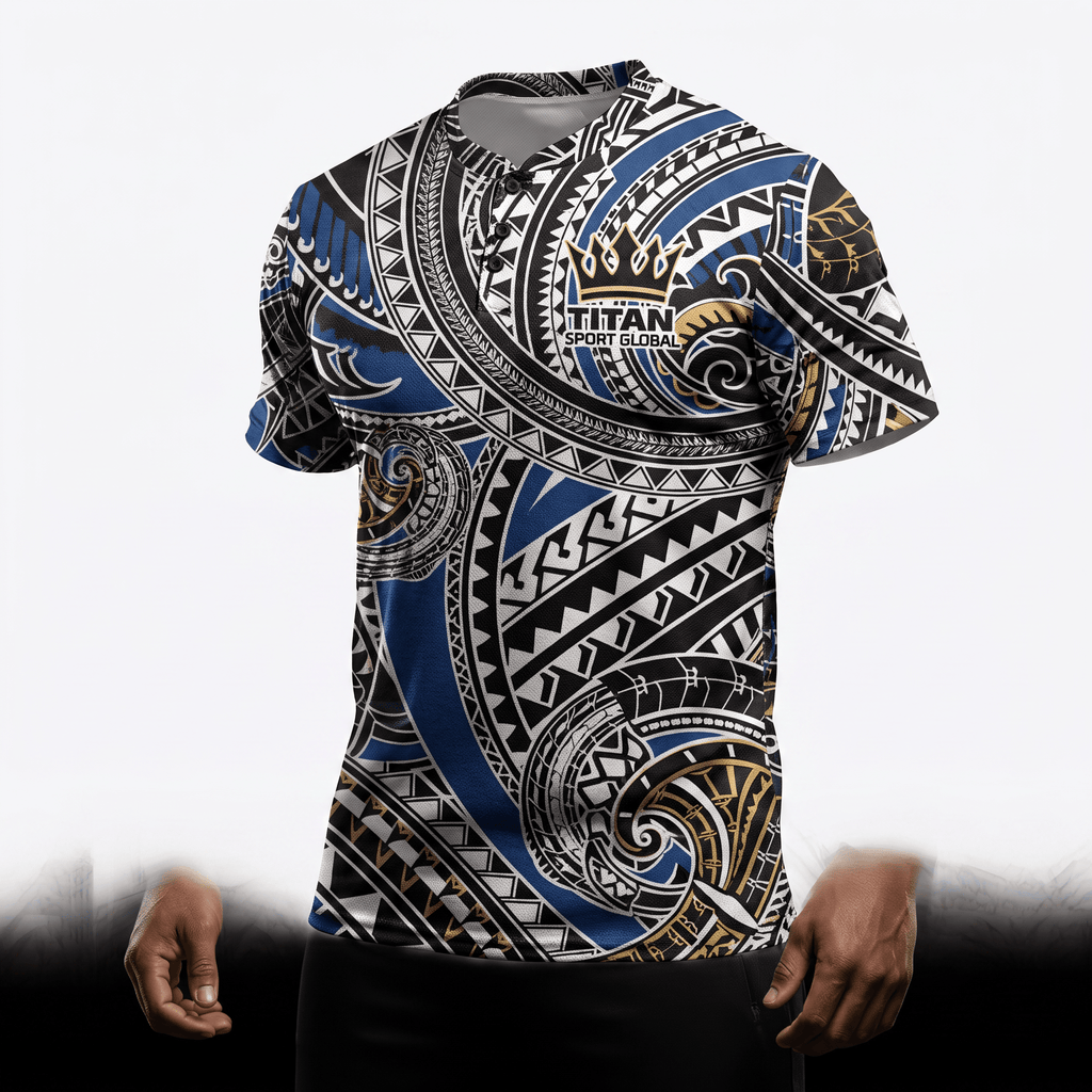 Blue, black, and white short-sleeve polo shirt featuring a Polynesian tribal pattern and Titan Sport Global logo.