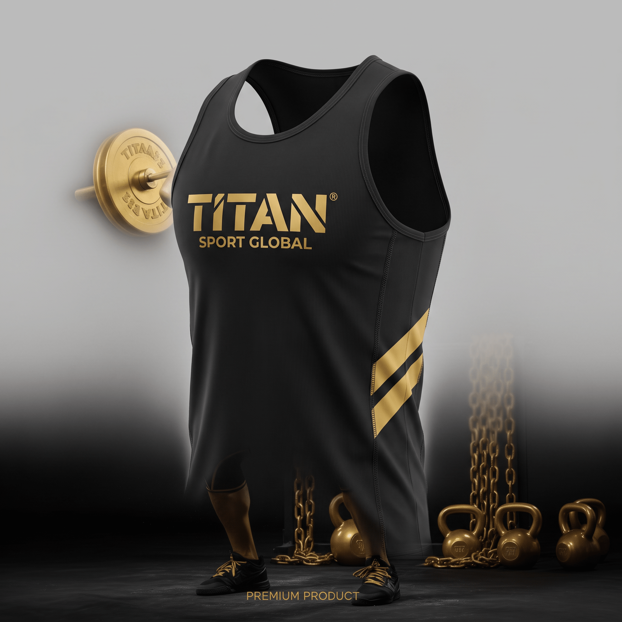 Black athletic tank top with gold Titan Sport Global logo and side stripes in a gym setting.