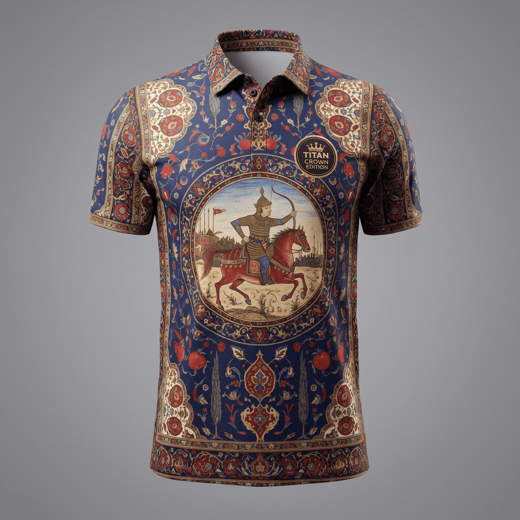 Blue polo shirt featuring intricate Persian rug patterns with a central medallion showing a horseman.