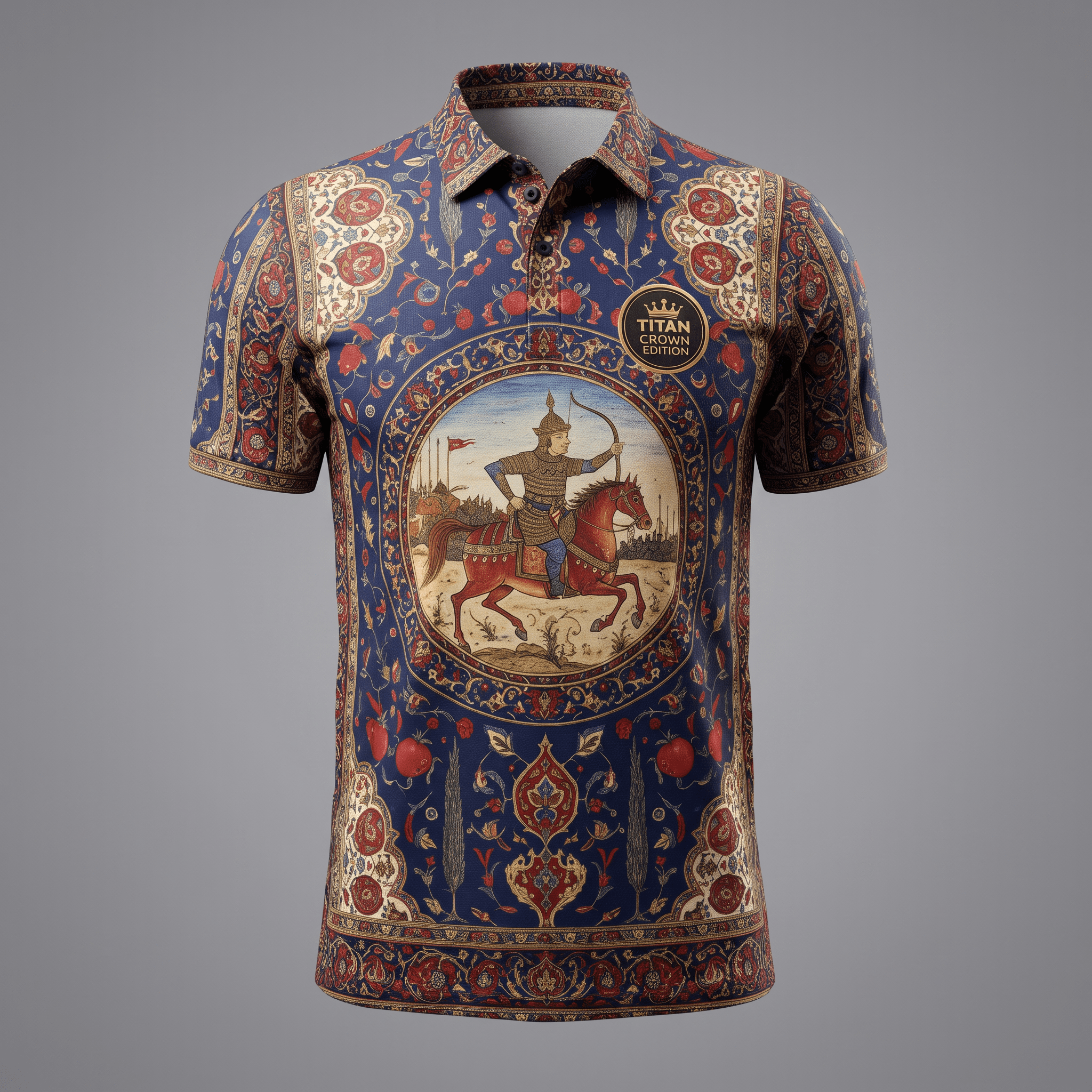 Blue polo shirt featuring intricate Persian rug patterns with a central medallion showing a horseman.