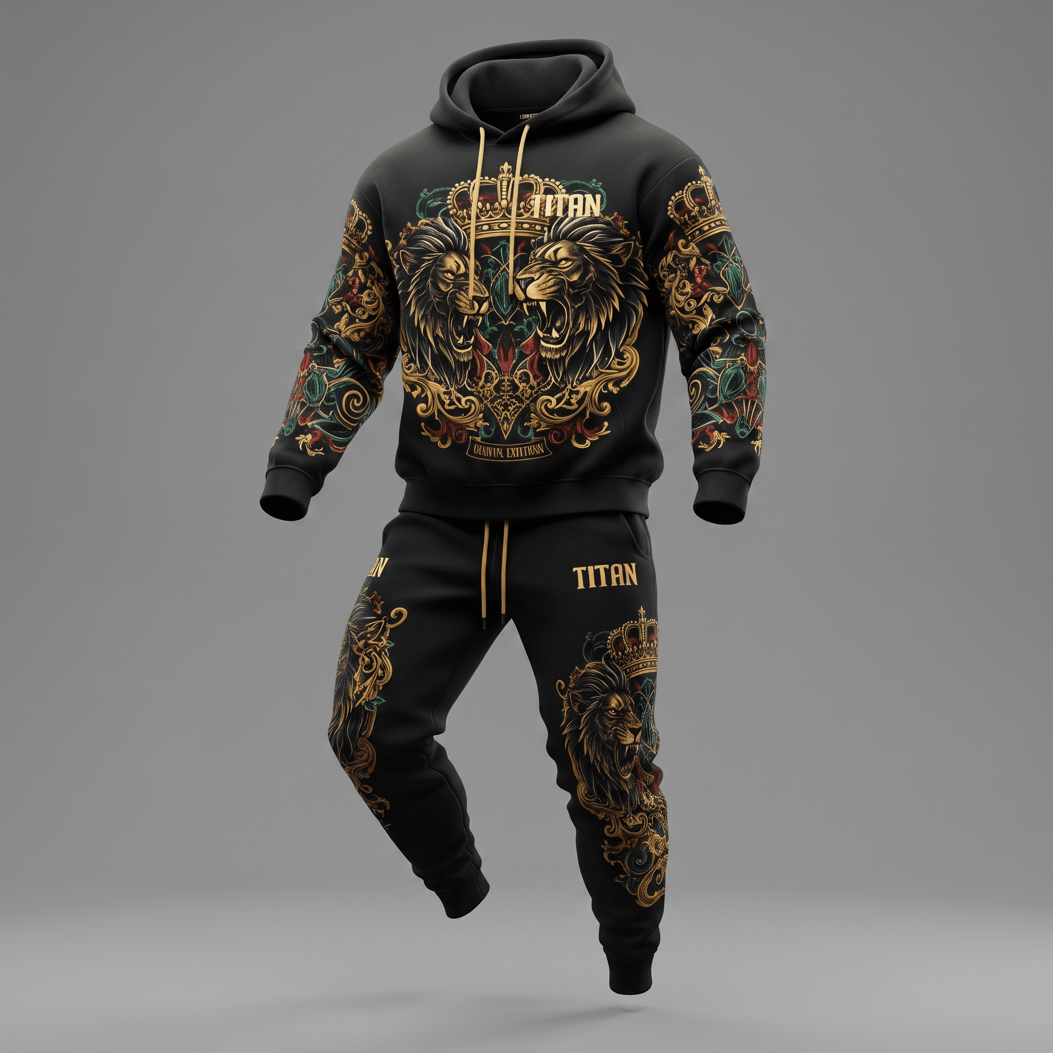 Black hoodie and joggers set featuring ornate gold lion and crown graphics.