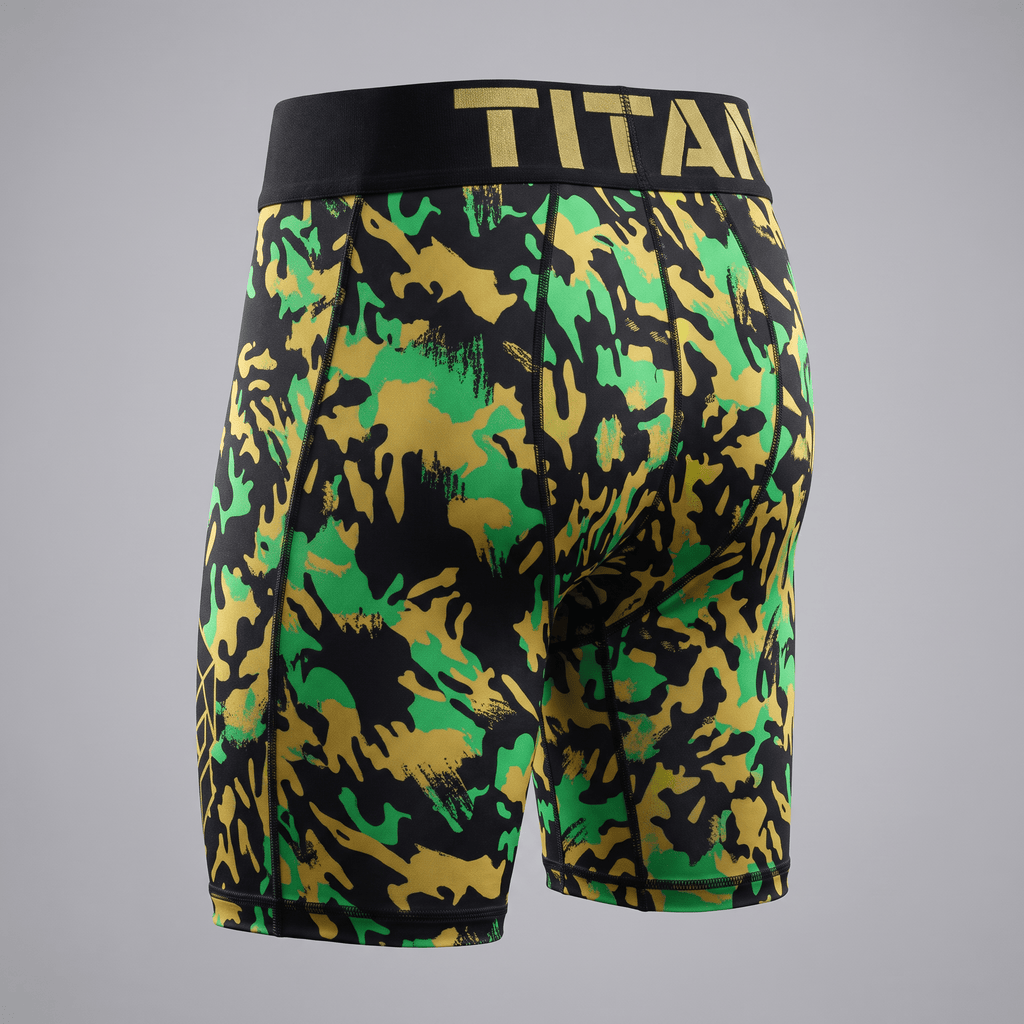 Titan camo compression shorts in green, gold, and black with a wide branded waistband, viewed from behind.