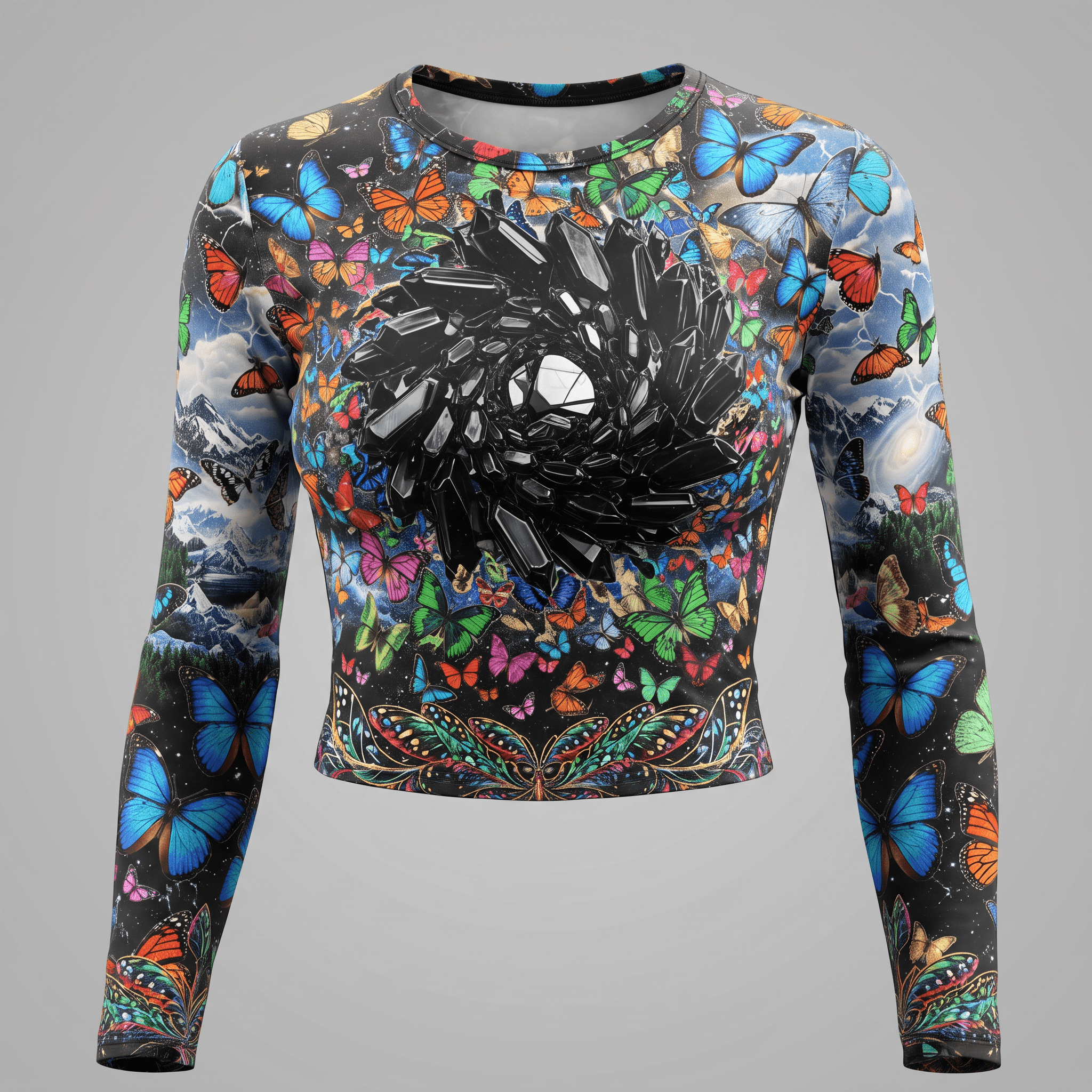 Long-sleeve crop top with colorful butterflies, crystals, and mountain landscape print.