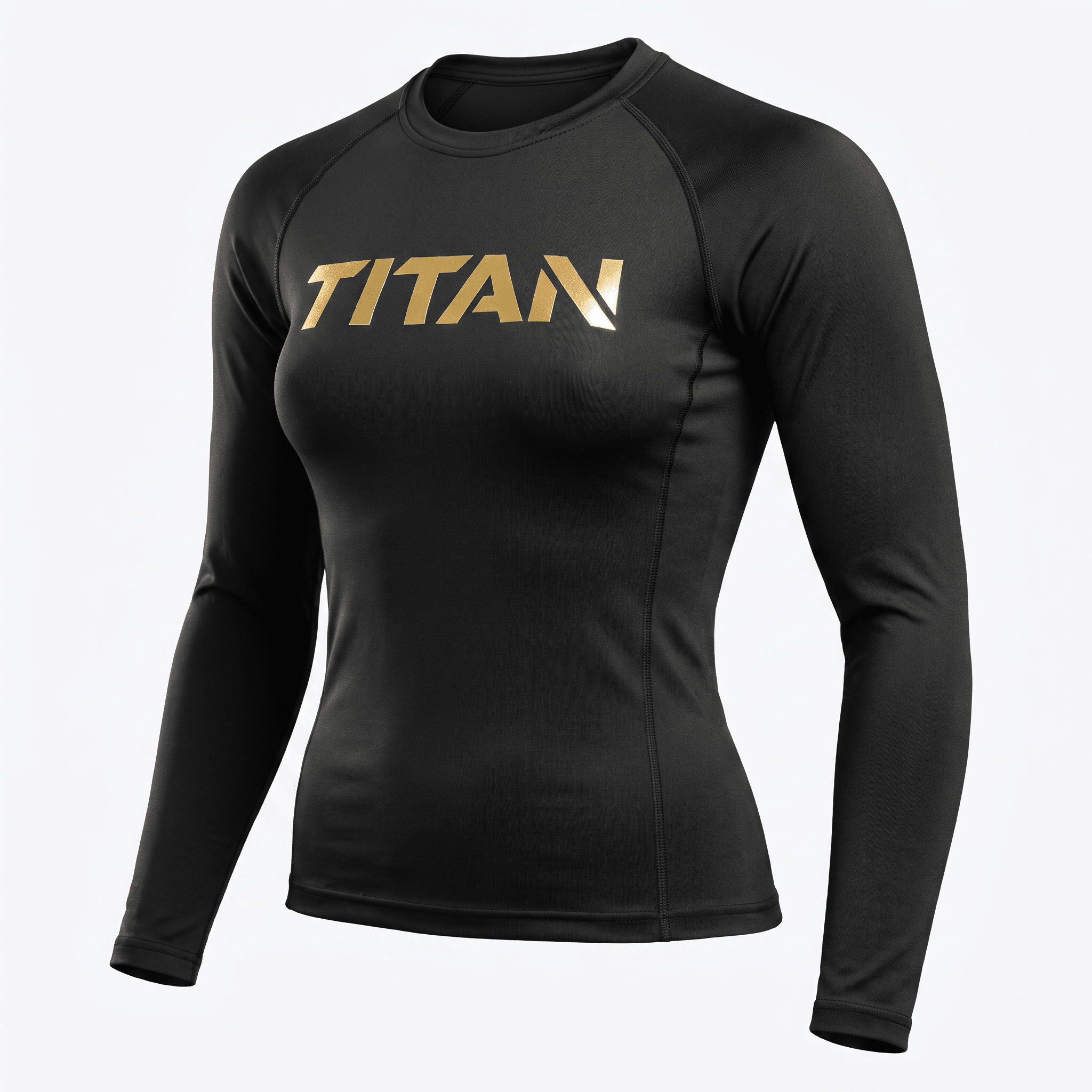 Black women's long sleeve rash guard with gold Titan logo on the chest.