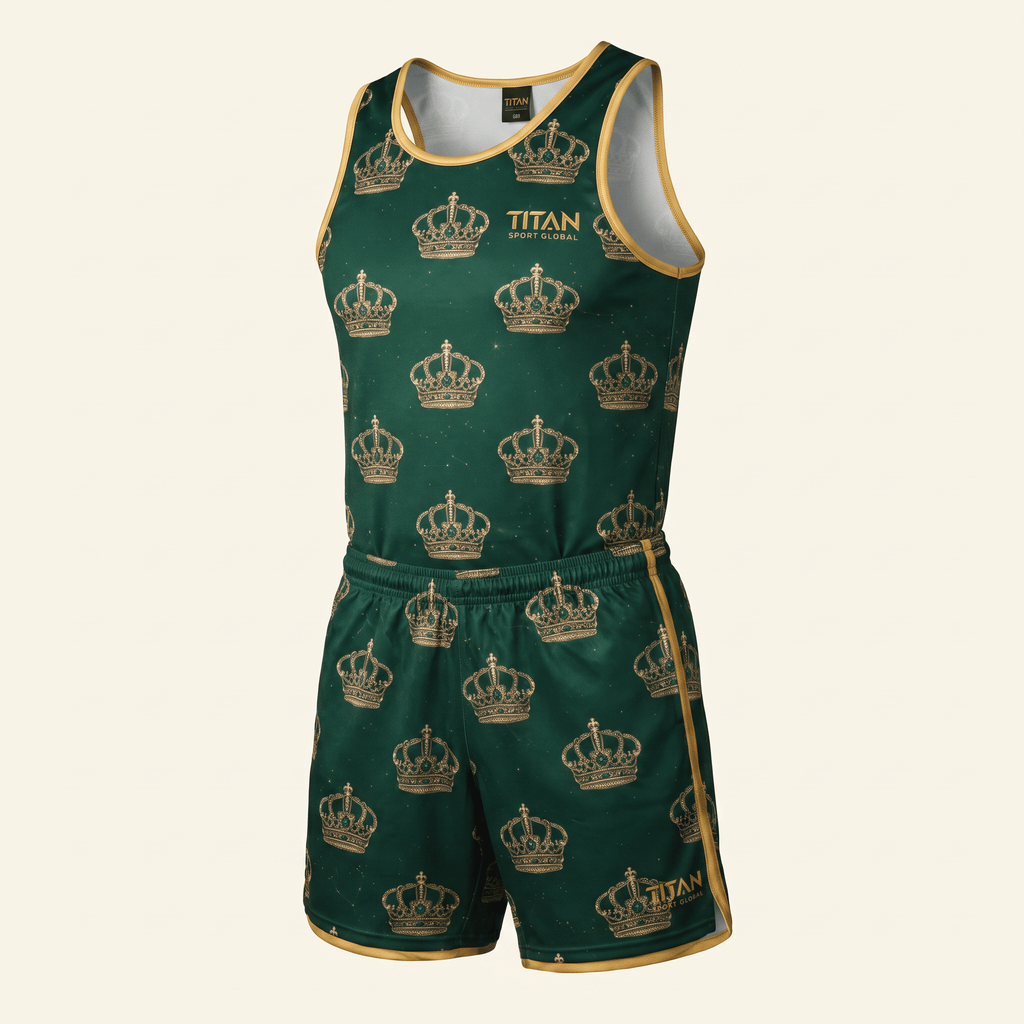 Green and gold crown print athletic singlet and shorts set by Titan Sport Global.