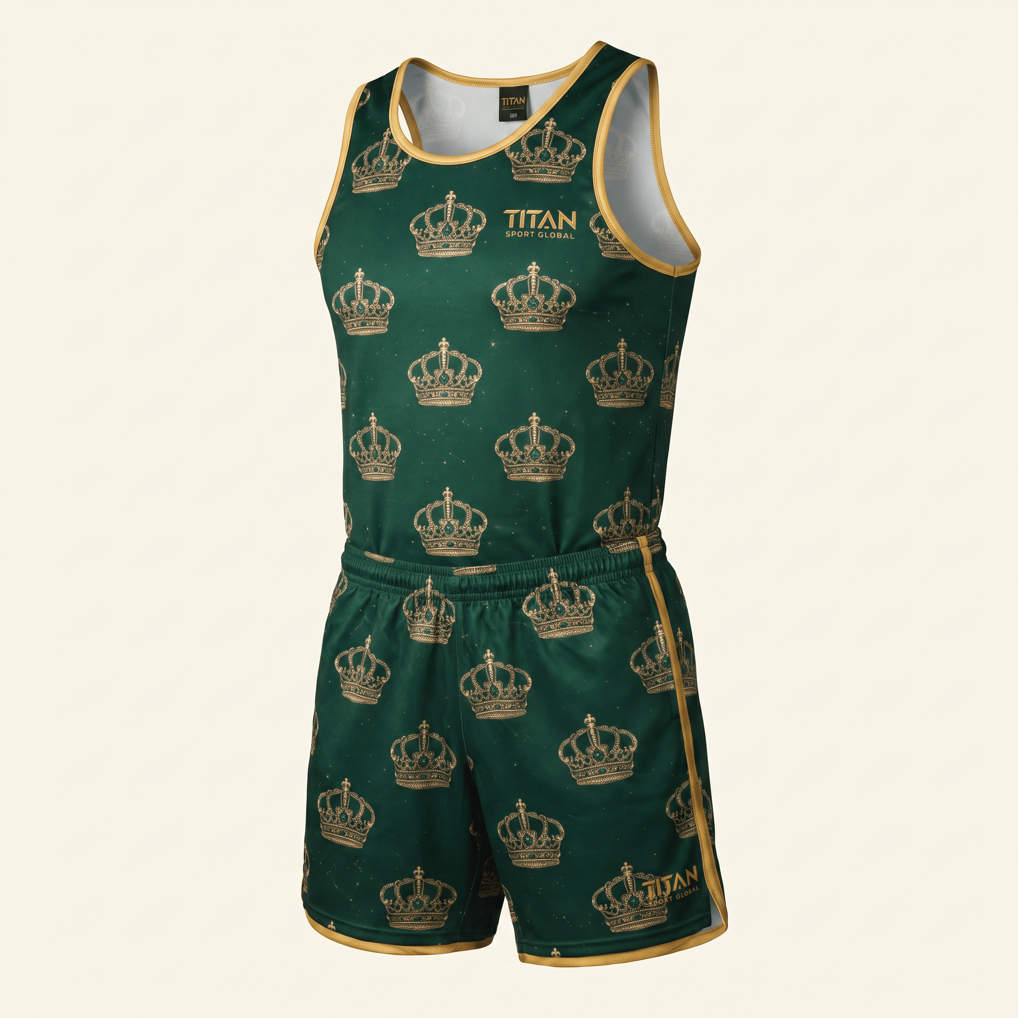 Green and gold crown print athletic singlet and shorts set by Titan Sport Global.