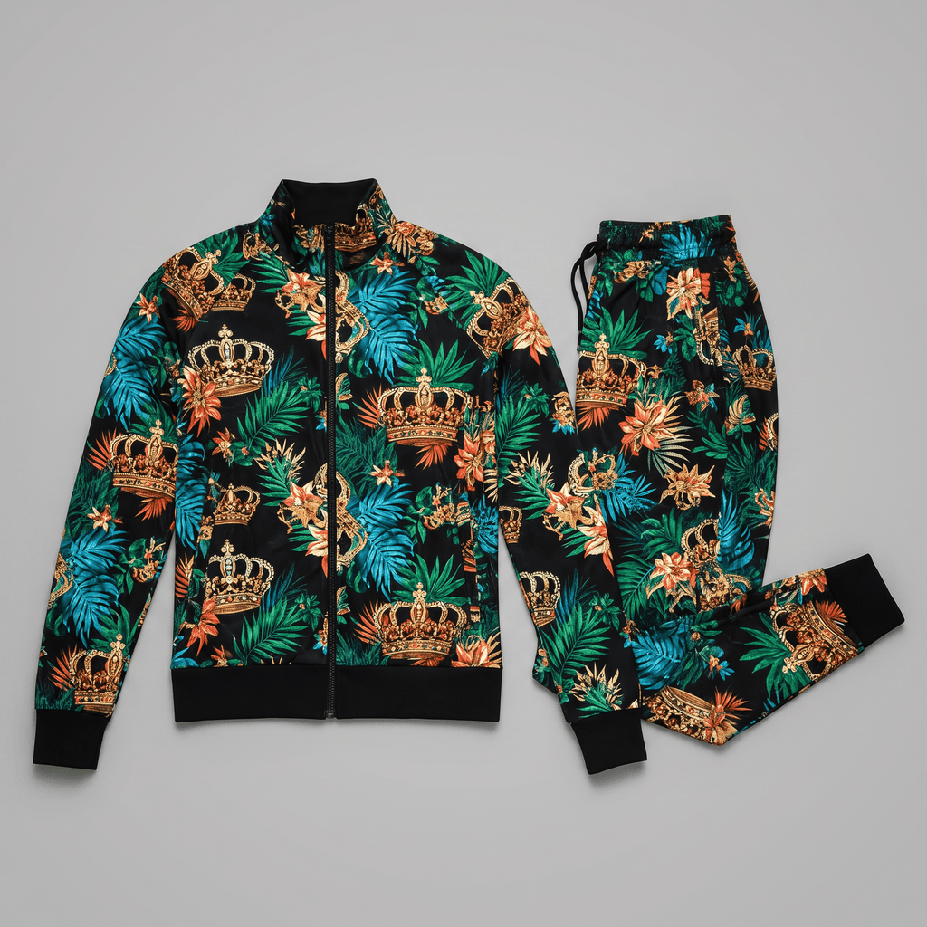 Black track jacket and joggers set featuring a gold crown and tropical floral print.
