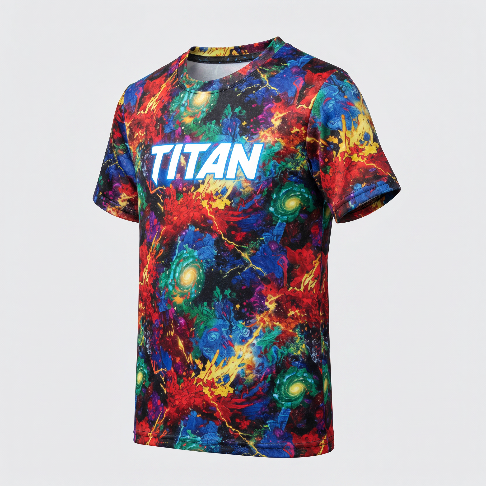 Colorful crewneck t-shirt featuring a vibrant galaxy print and the word TITAN in white on the chest.