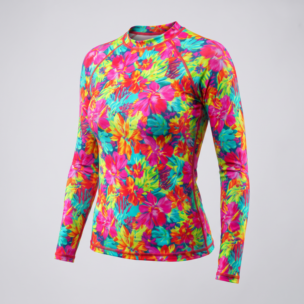 Womens long sleeve rash guard with vibrant pink, yellow, and blue tropical floral print against a light gray background.