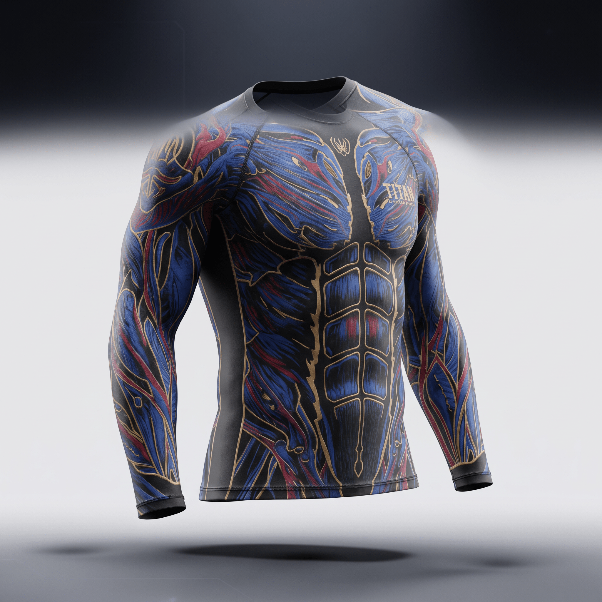 Black long-sleeve rash guard featuring an anatomical muscle print in blue, red, and gold.