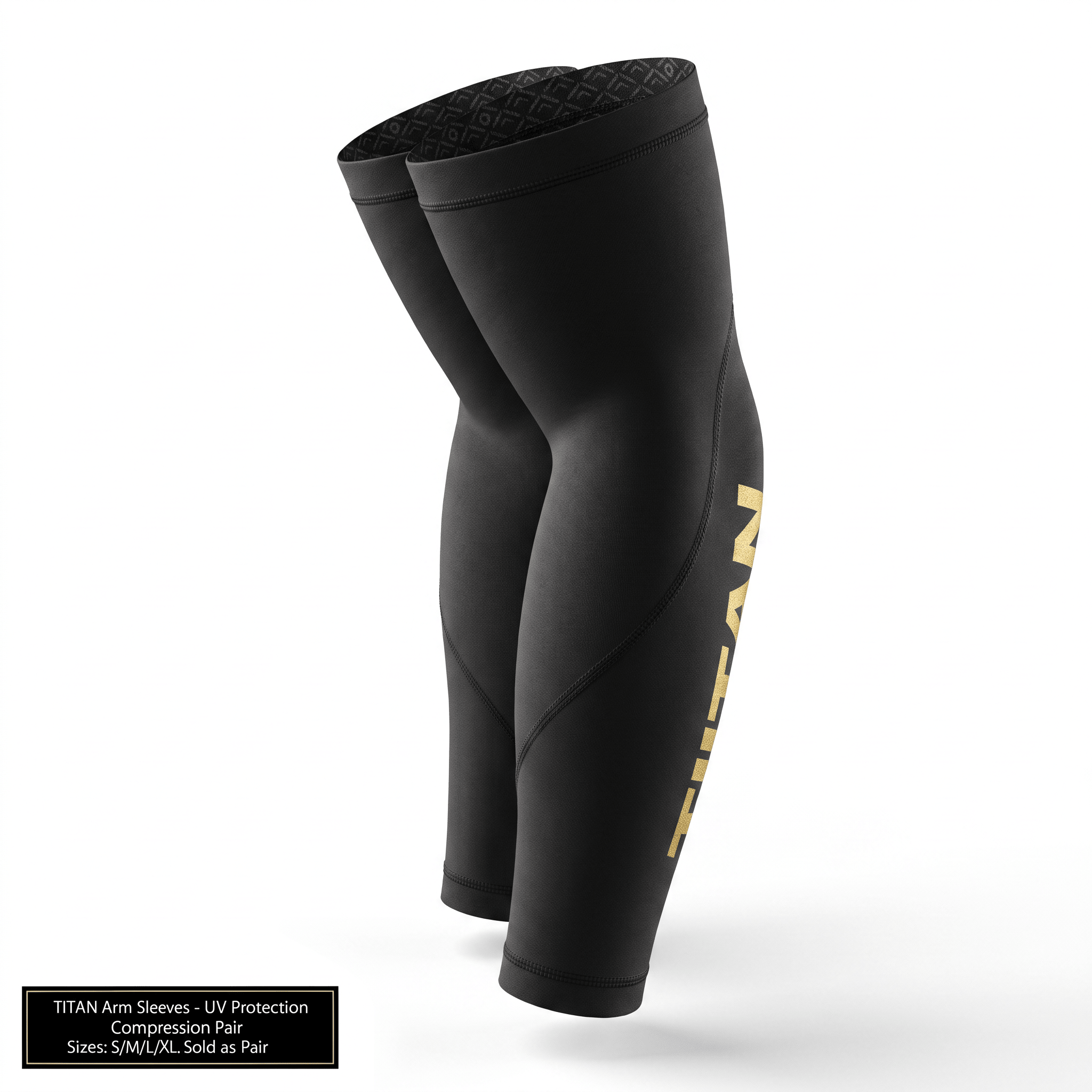 Black compression arm sleeves with gold Titan logo lettering, sold as a pair for athletic UV protection.