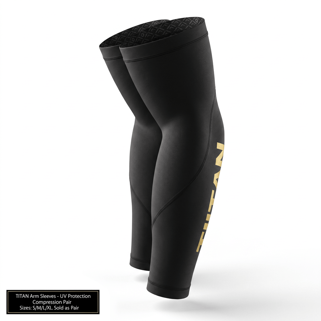 Titan black compression arm sleeves with gold logo text on a white background.