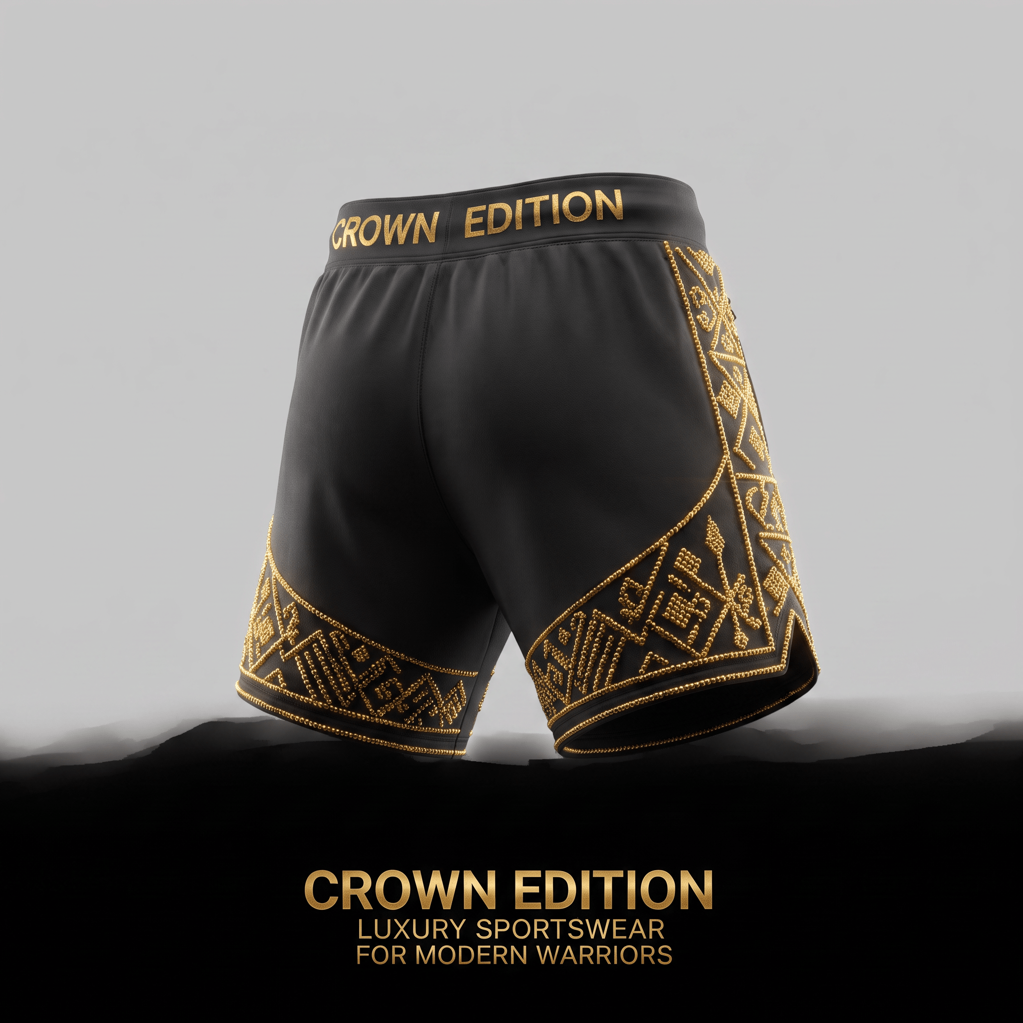 Black Crown Edition athletic shorts with gold bead trim on the side panels and waistband.