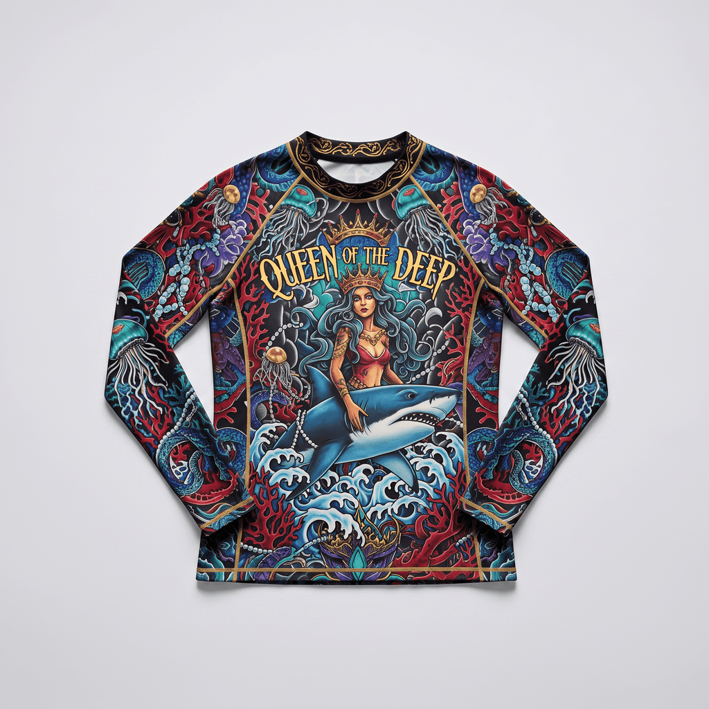 Long-sleeve rash guard featuring a colorful oceanic print with a queen riding a shark, coral, and jellyfish.