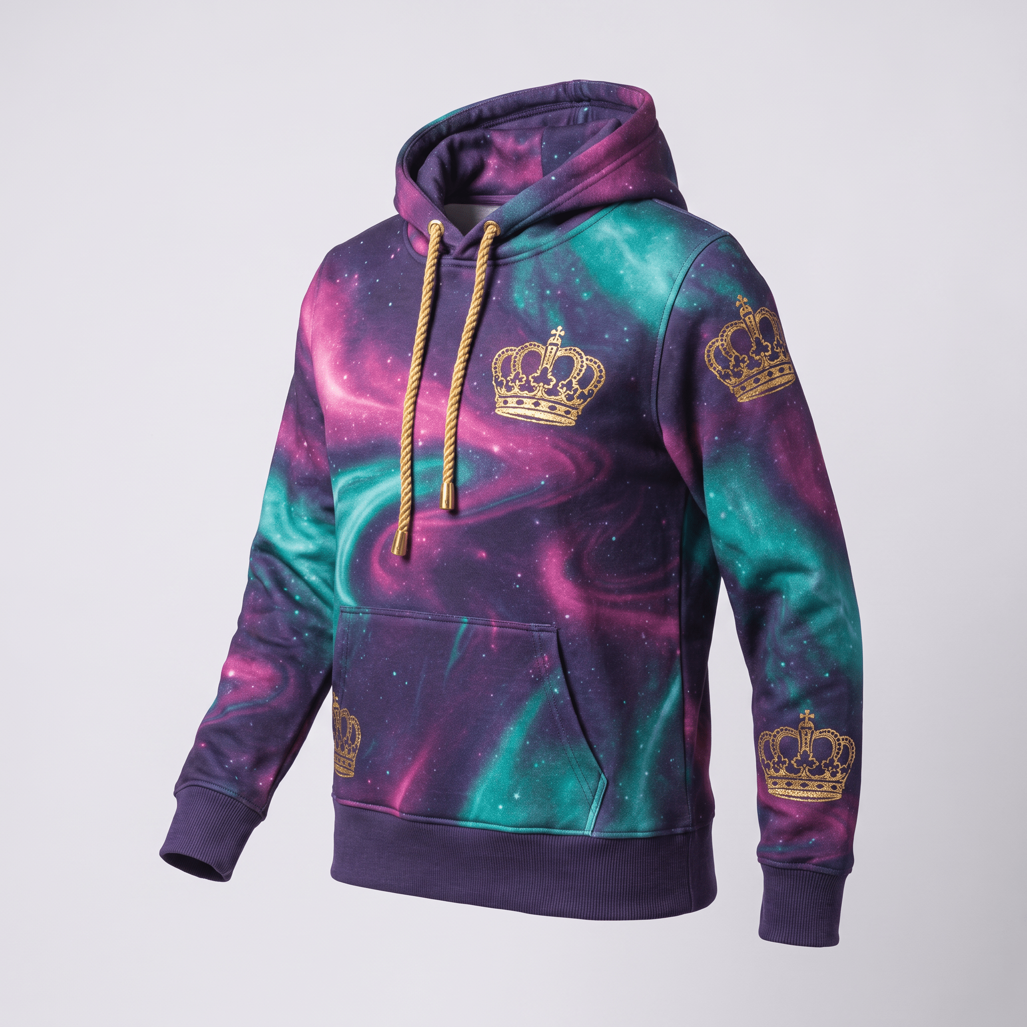 Purple and teal galaxy print hoodie with gold crown graphics, a front pocket, and thick tan drawstrings.